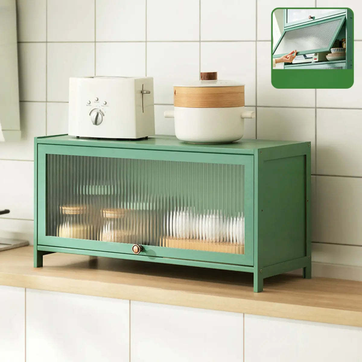 Green Wood Rectangular Kitchen China Cabinet