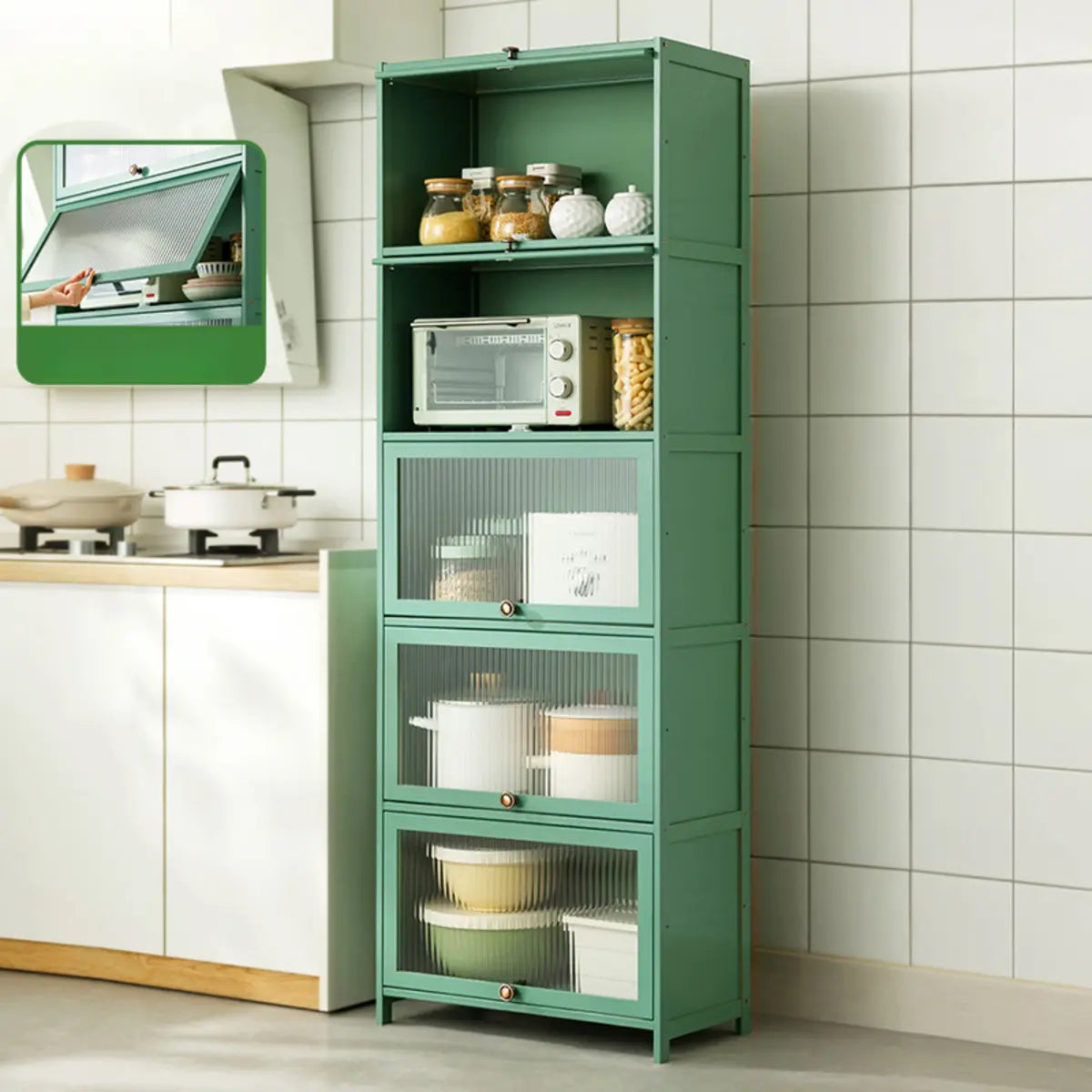 Green Wood Rectangular Kitchen China Cabinet