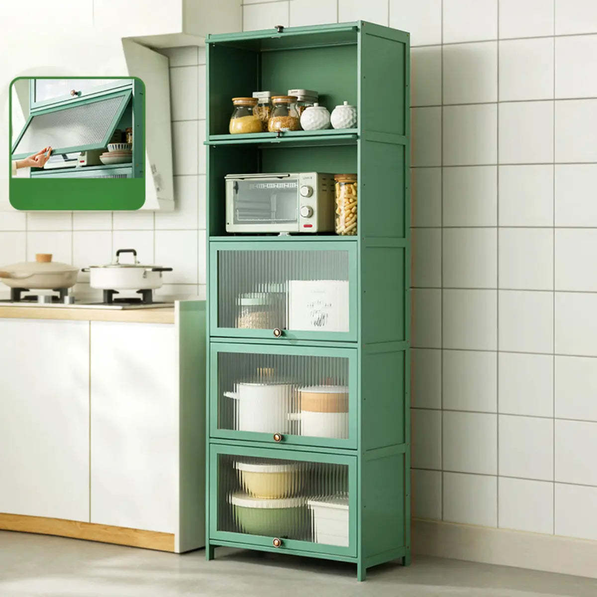 Green Wood Rectangular Kitchen China Cabinet
