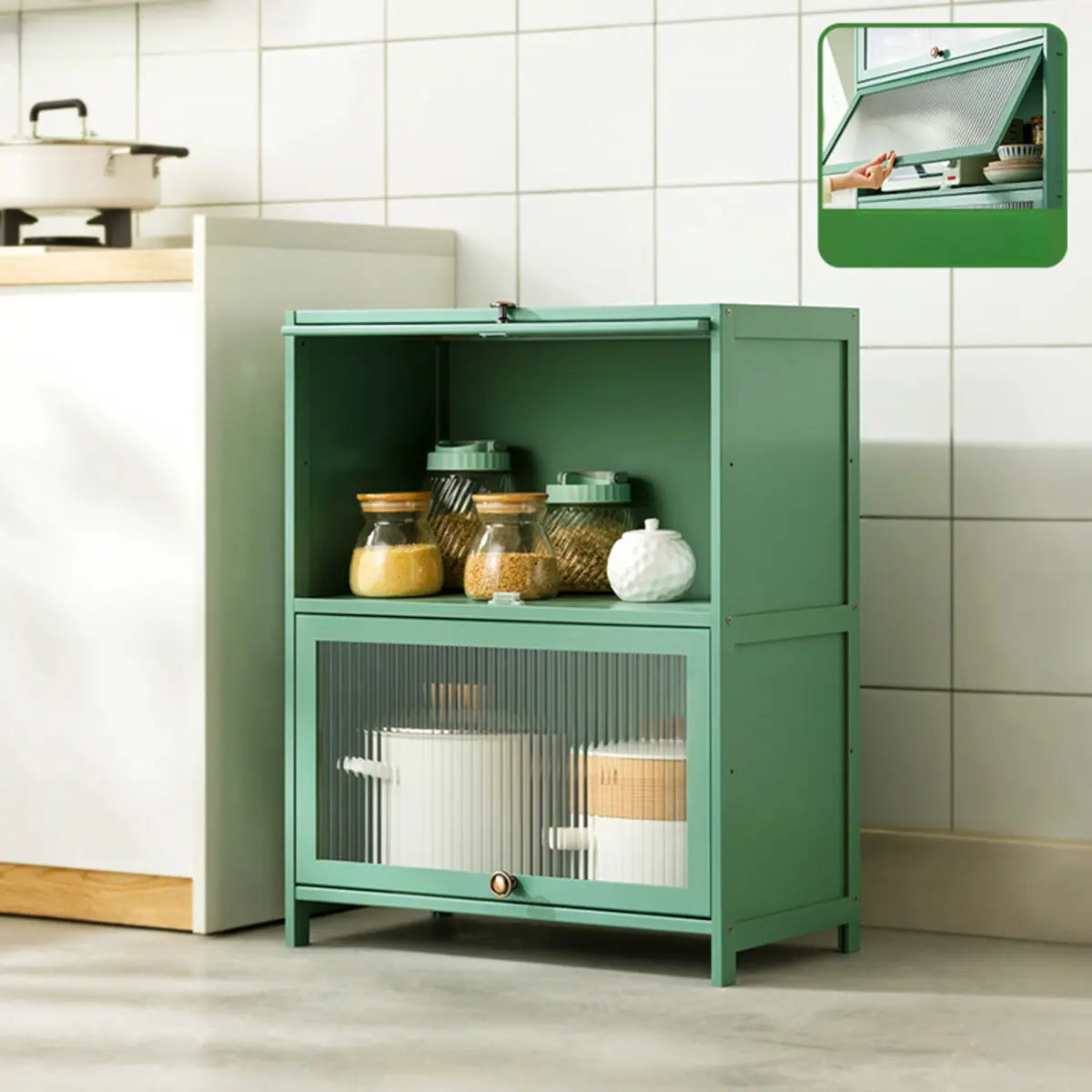 Green Wood Rectangular Kitchen China Cabinet