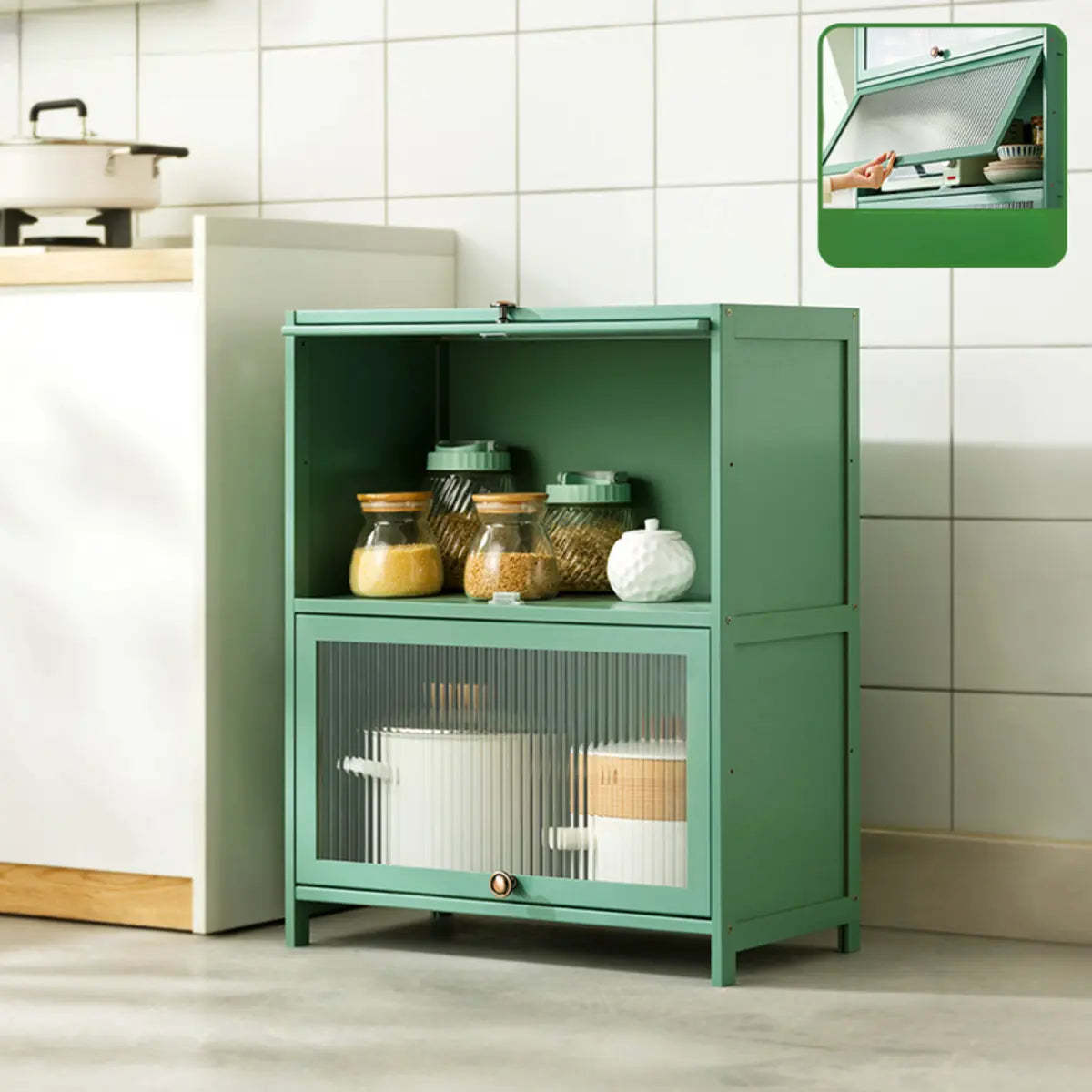 Green Wood Rectangular Kitchen China Cabinet