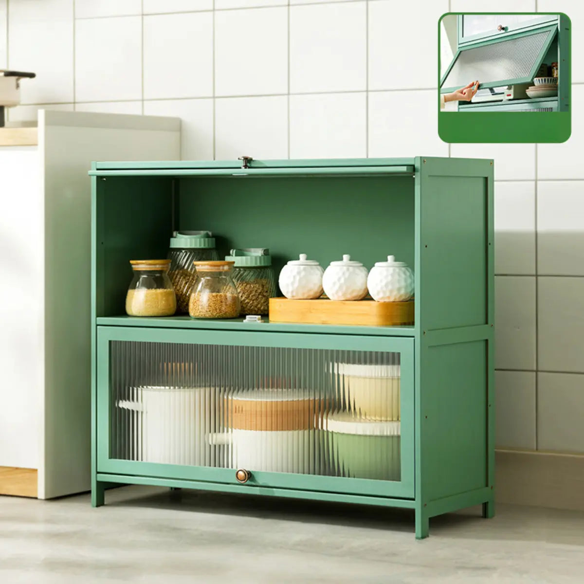 Green Wood Rectangular Kitchen China Cabinet