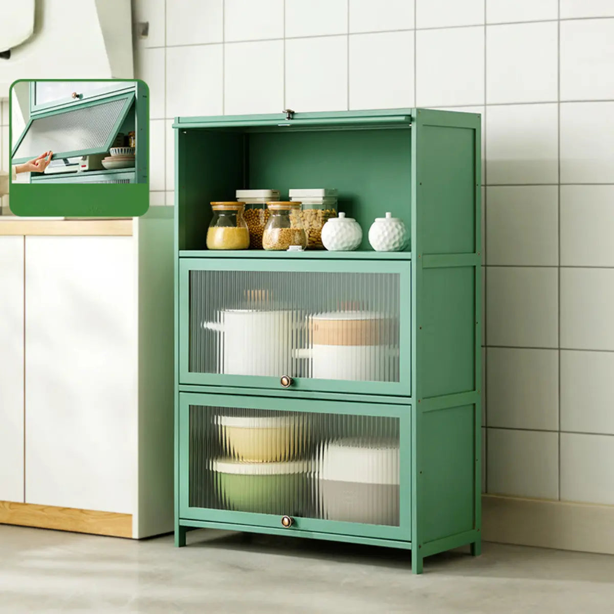 Green Wood Rectangular Kitchen China Cabinet