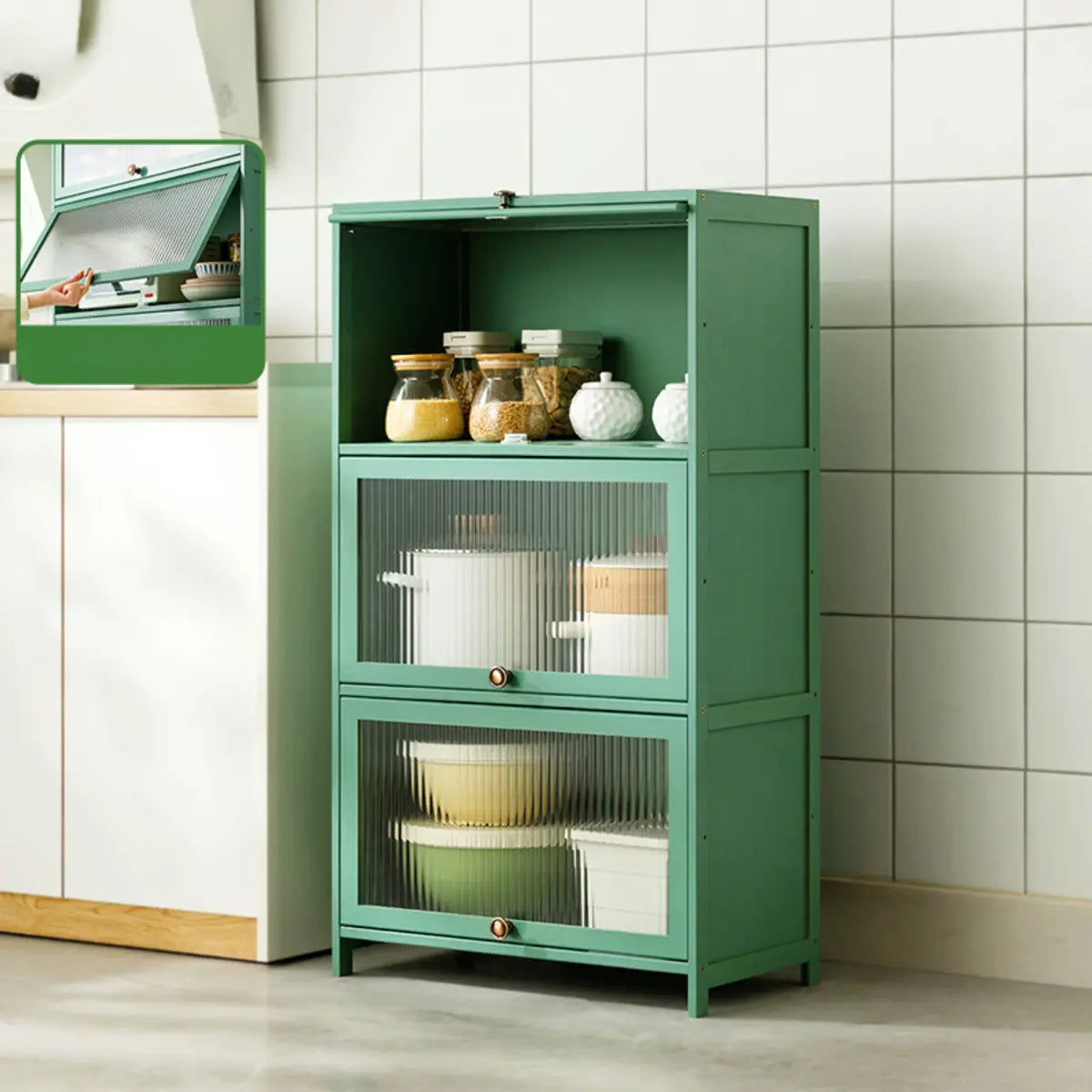 Green Wood Rectangular Kitchen China Cabinet