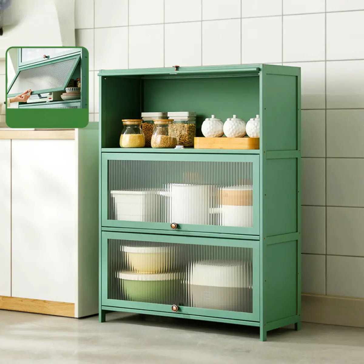 Green Wood Rectangular Kitchen China Cabinet