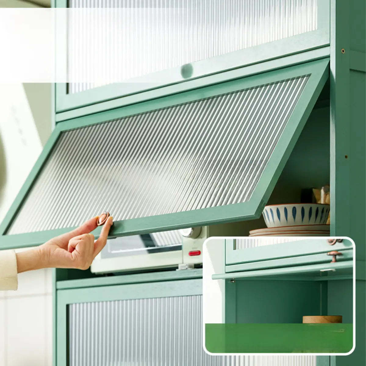 Green Wood Rectangular Kitchen China Cabinet
