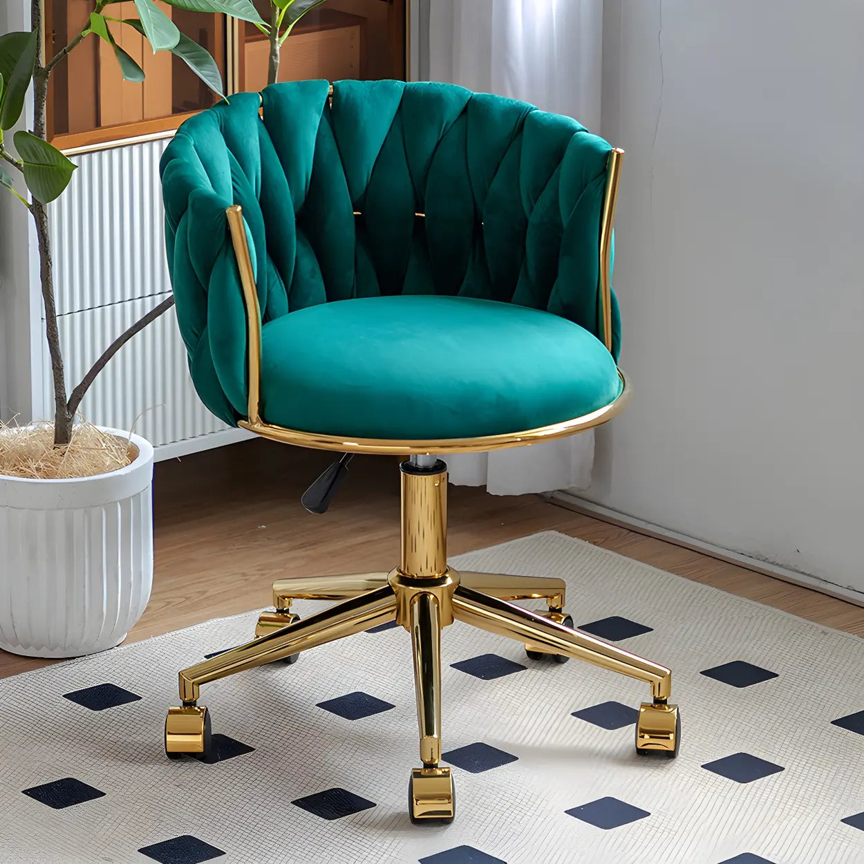 Green Round Velvet Swivel Adjustable Vanity Stool