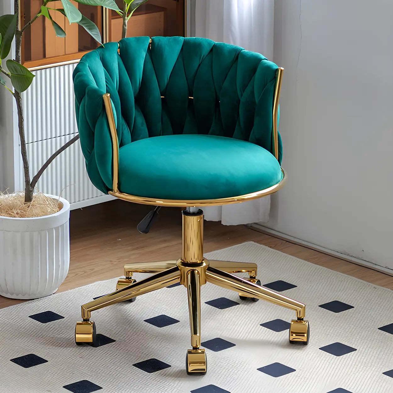 Green Round Velvet Swivel Adjustable Vanity Stool — White / 1 Piece
