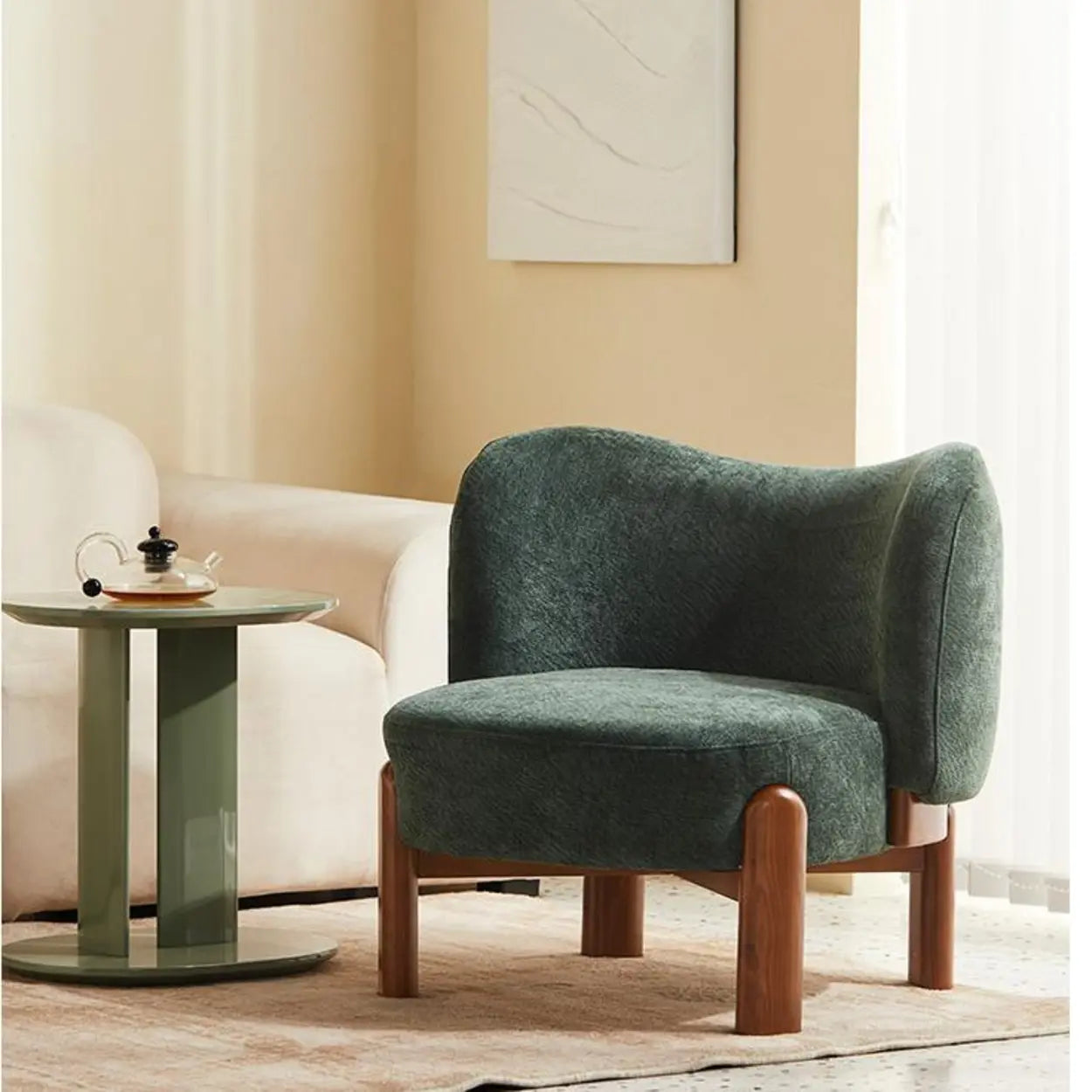 Green Scratch Resistant Flannel Accent Chair with Wood Legs
