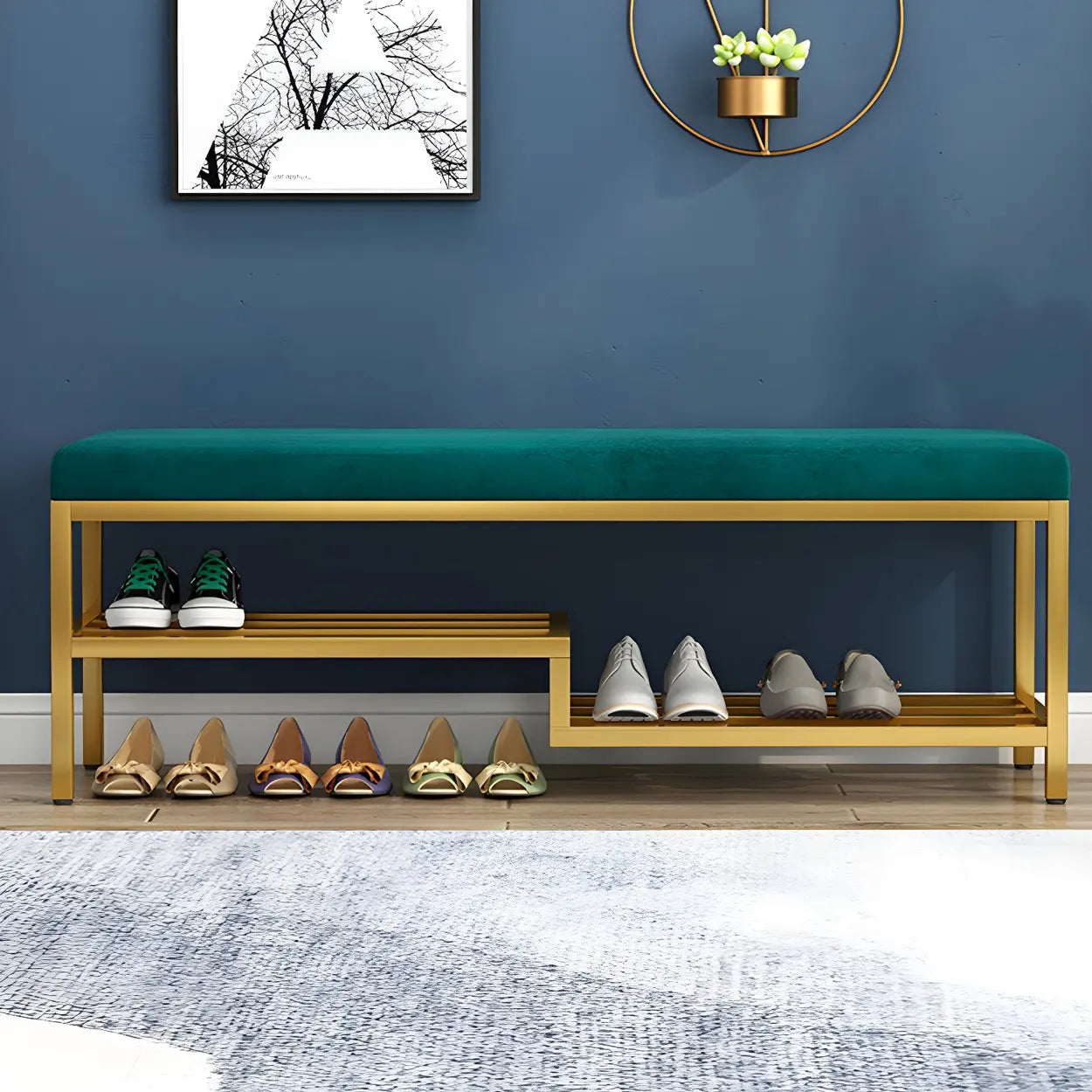 Green Velvet Metal Entryway Bench with Shelves — Green