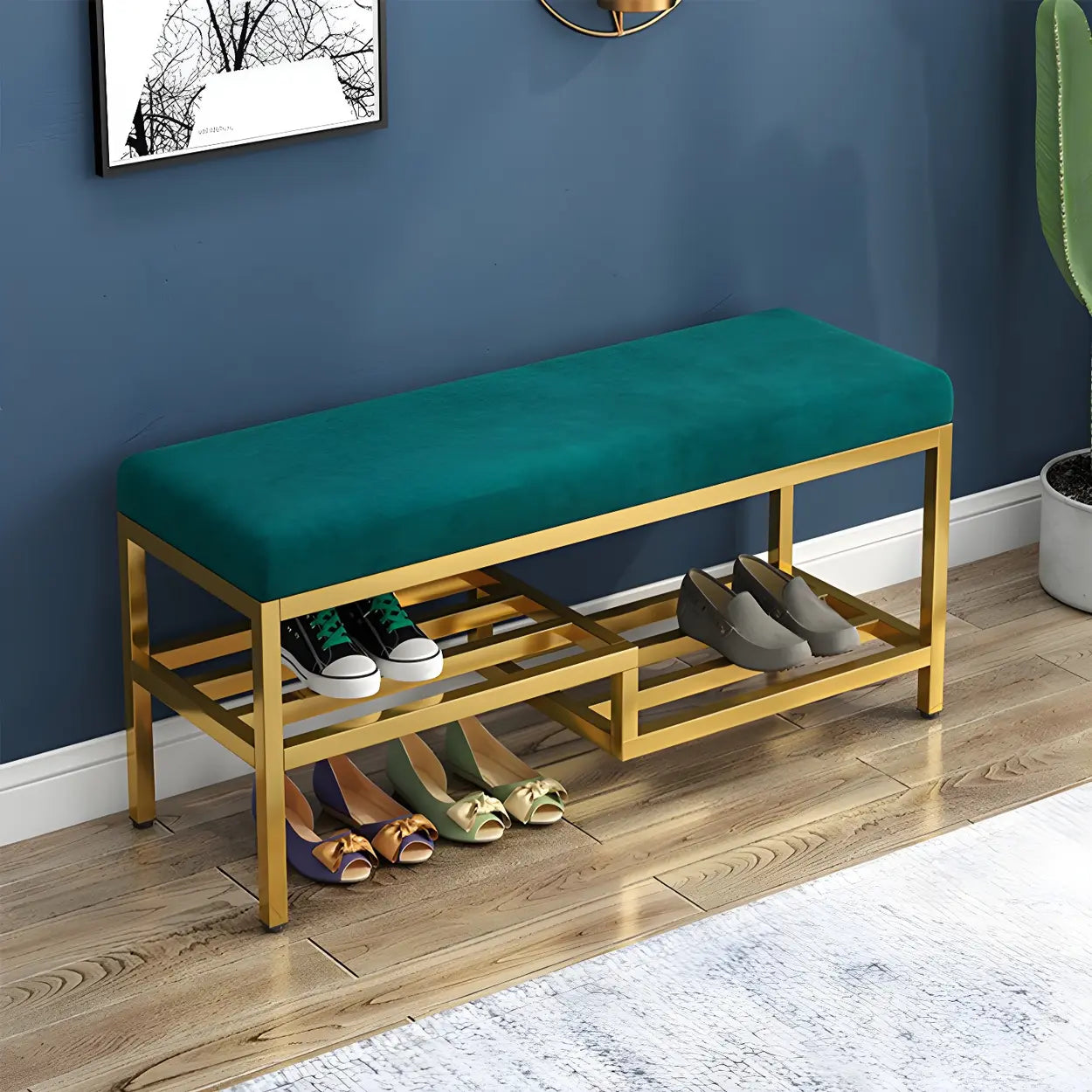 Green Velvet Metal Entryway Bench with Shelves — Blue