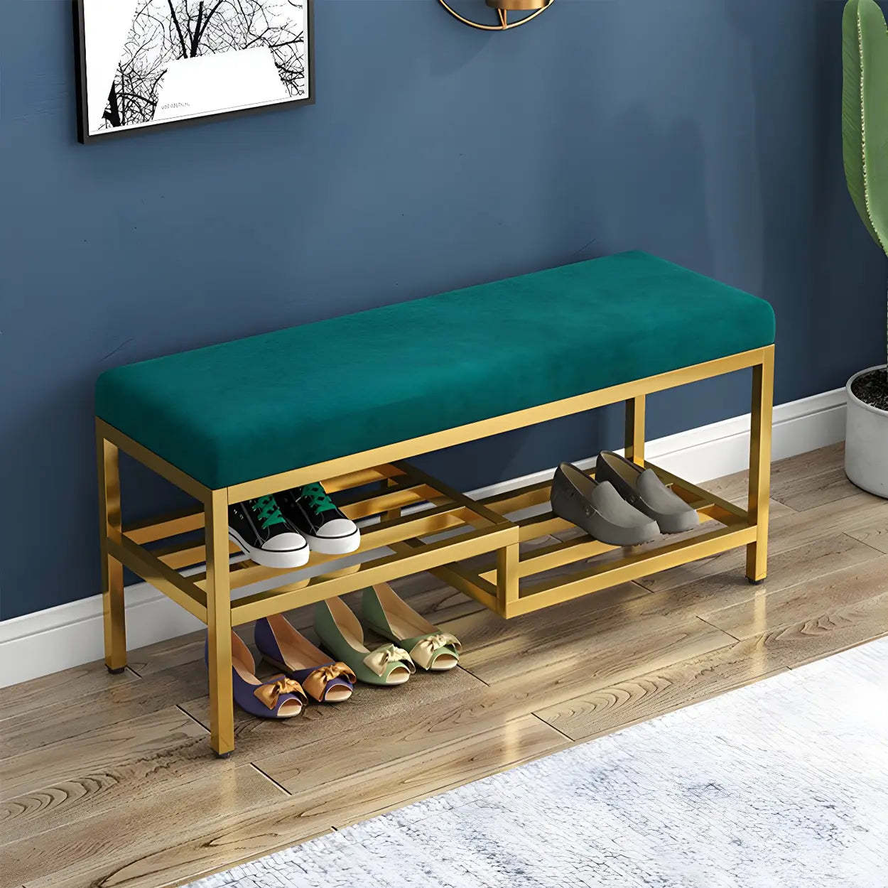 Green Velvet Metal Entryway Bench with Shelves — Blue