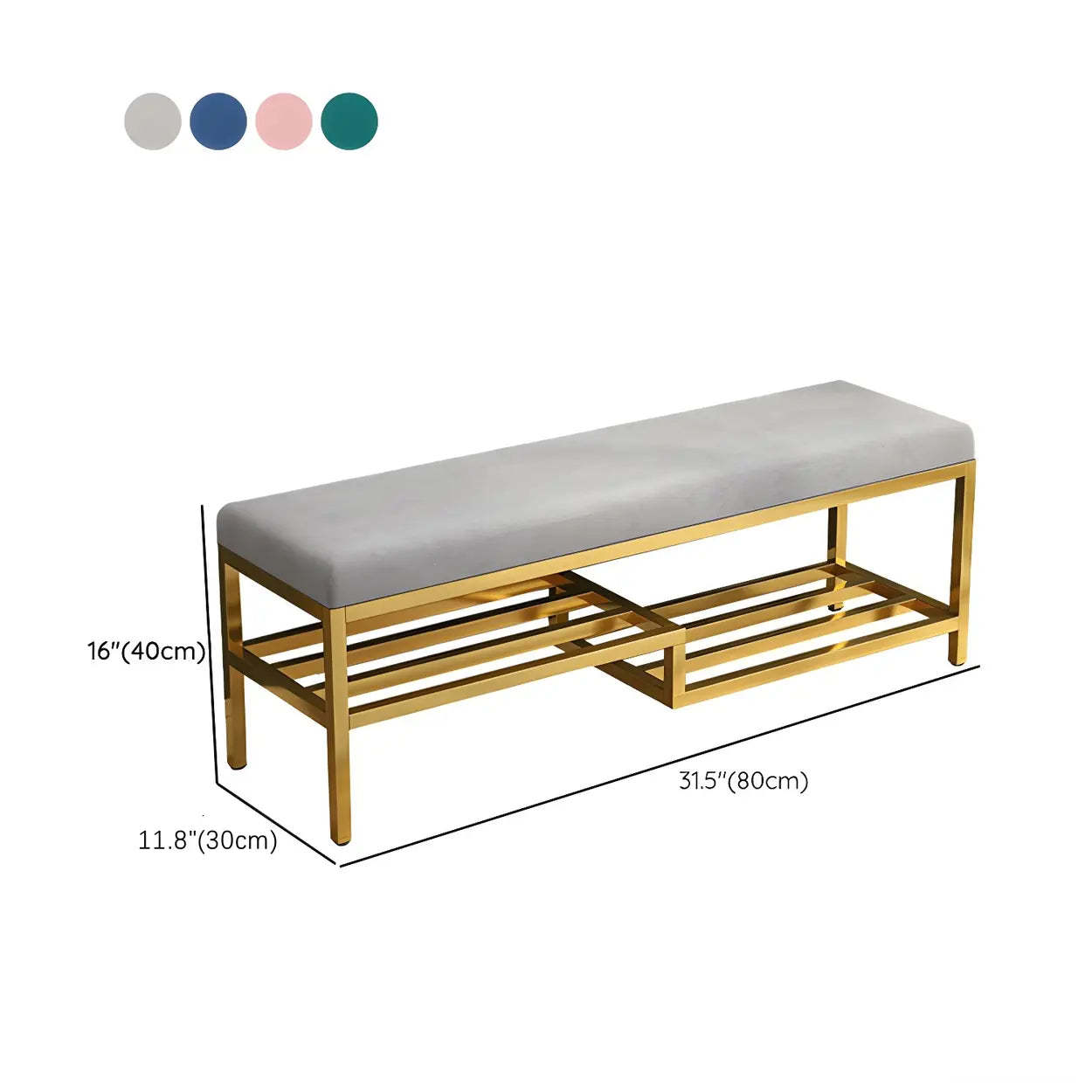 Green Velvet Metal Entryway Bench with Shelves — Pink