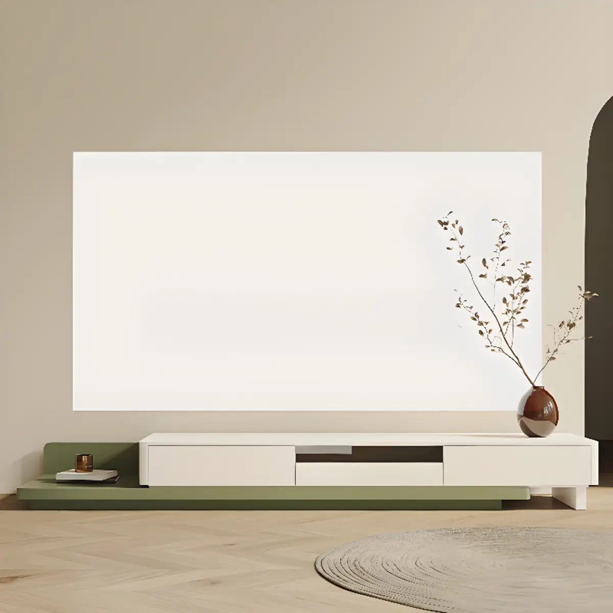Green and White Long Wood Rectangular Storage TV Stand