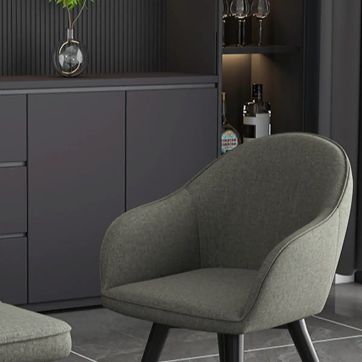 Gray Backrest Linen Metal-Leg Dining Chair