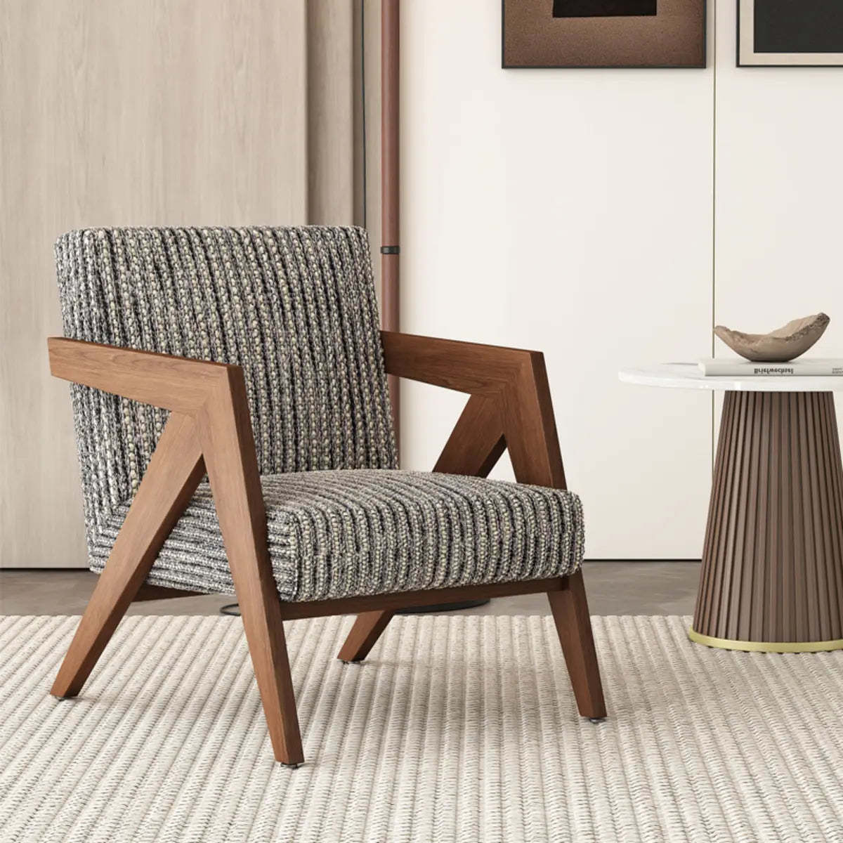 Gray Tight Back Square Arm Accent Chair — Black and White / Jacquard Fabric