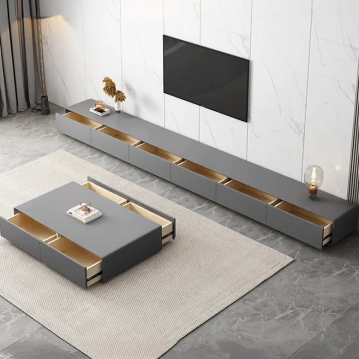 Gray Enclosed Rectangle TV Stand with Drawers