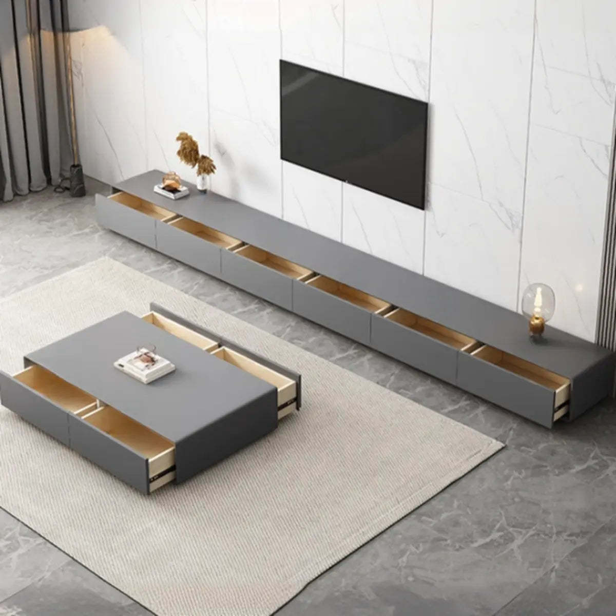 Gray Enclosed Rectangle TV Stand with Drawers