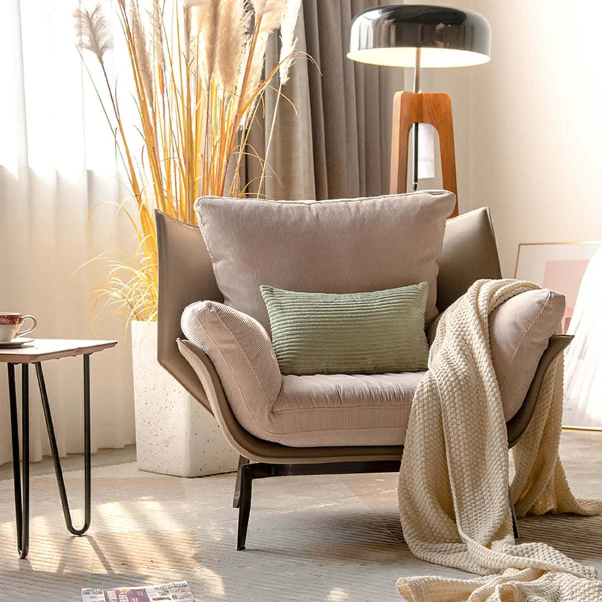 Gray Flared-Arm Removable Cushion Armchair — Corduroy