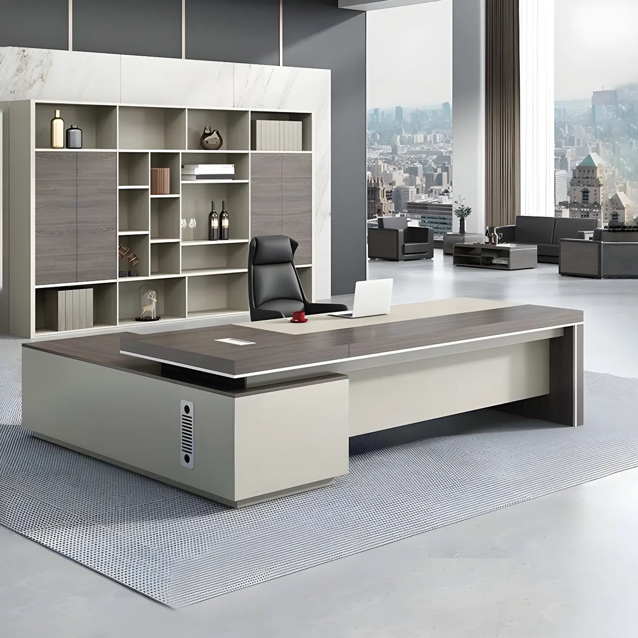 Gray Manufactured Wood Pedestal L-Shape Executive Desk