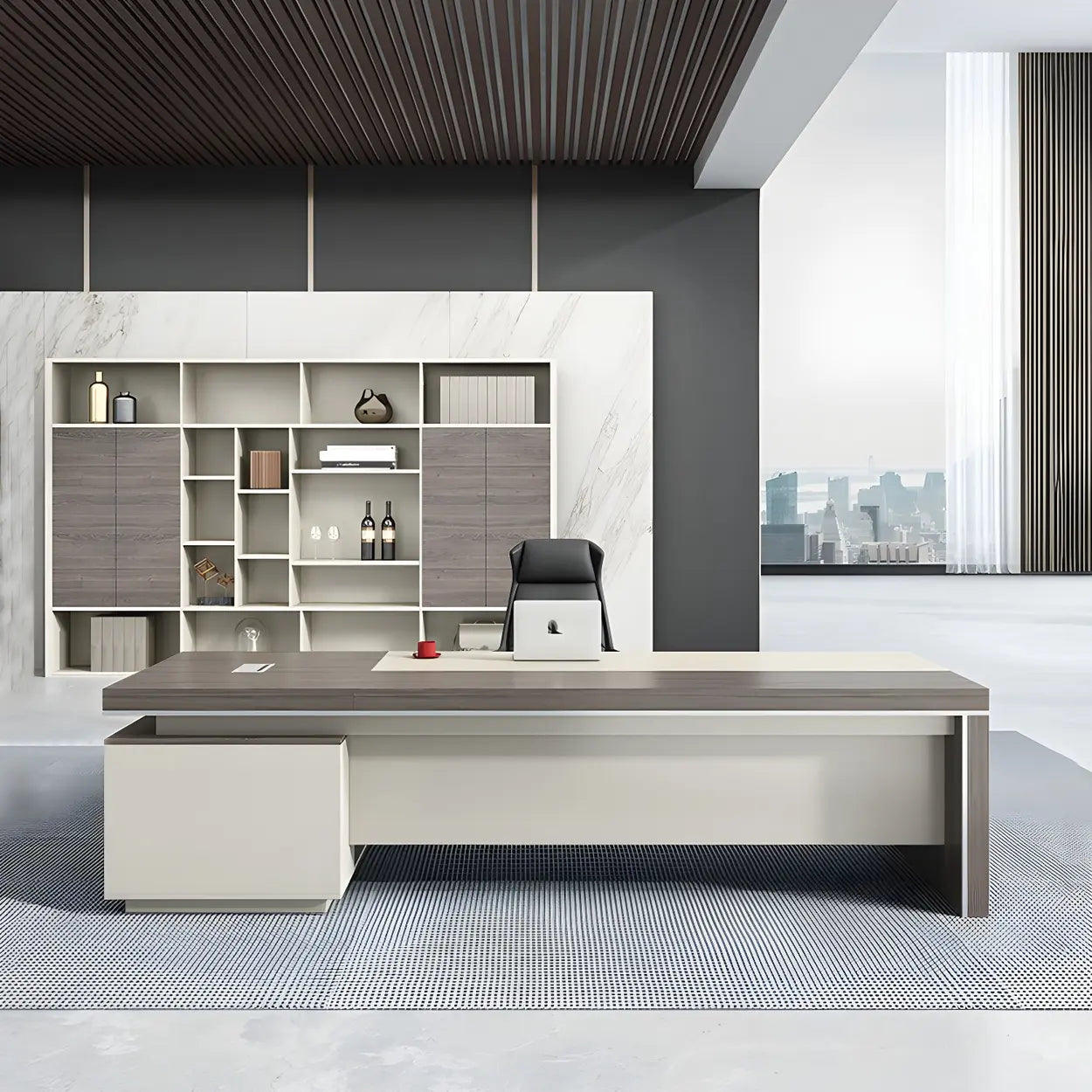 Gray Manufactured Wood Pedestal L-Shape Executive Desk — Table Only / Right Hand Return