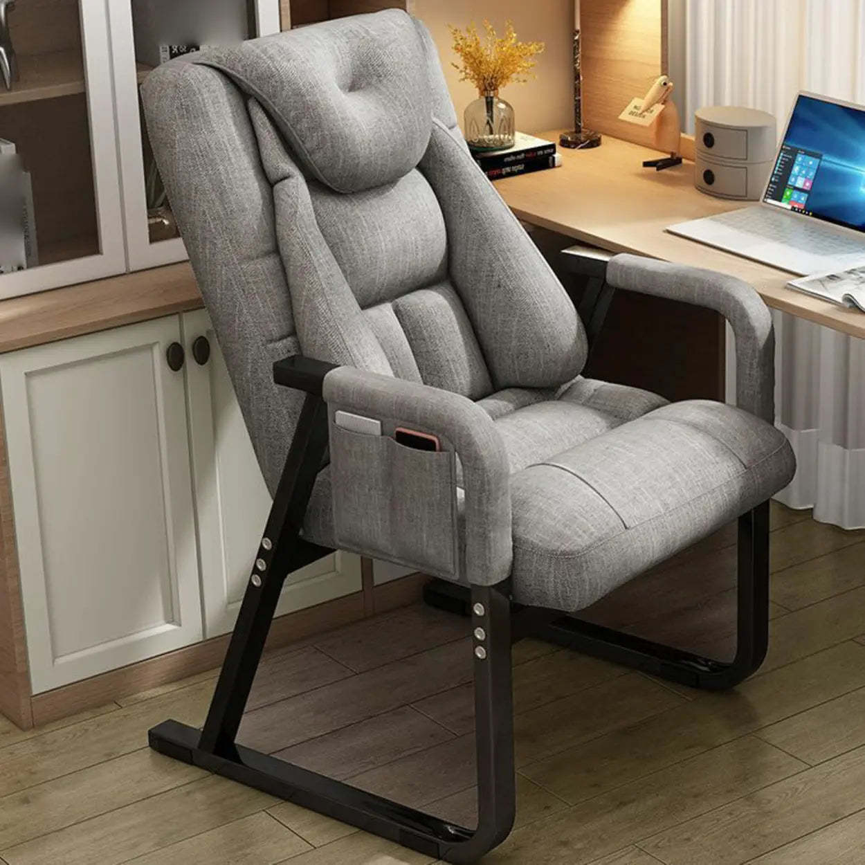 Gray Metal-Frame Modern Reclining Fabric Office Chair — Black / With Footrest