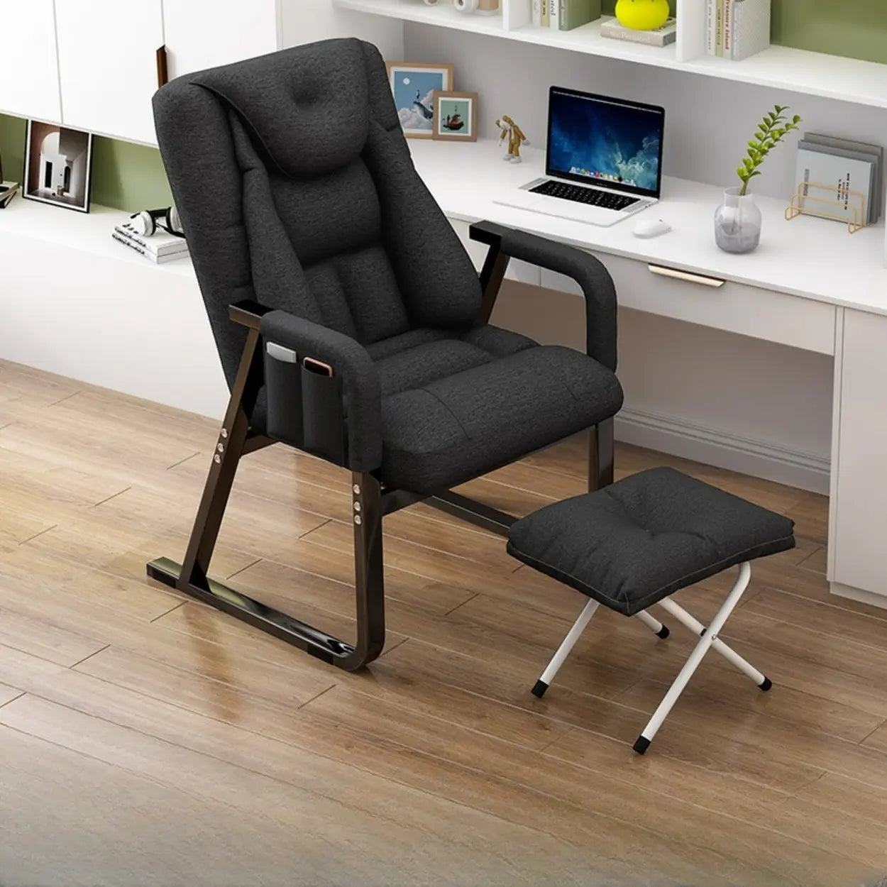Gray Metal-Frame Modern Reclining Fabric Office Chair — Black / Without Footrest