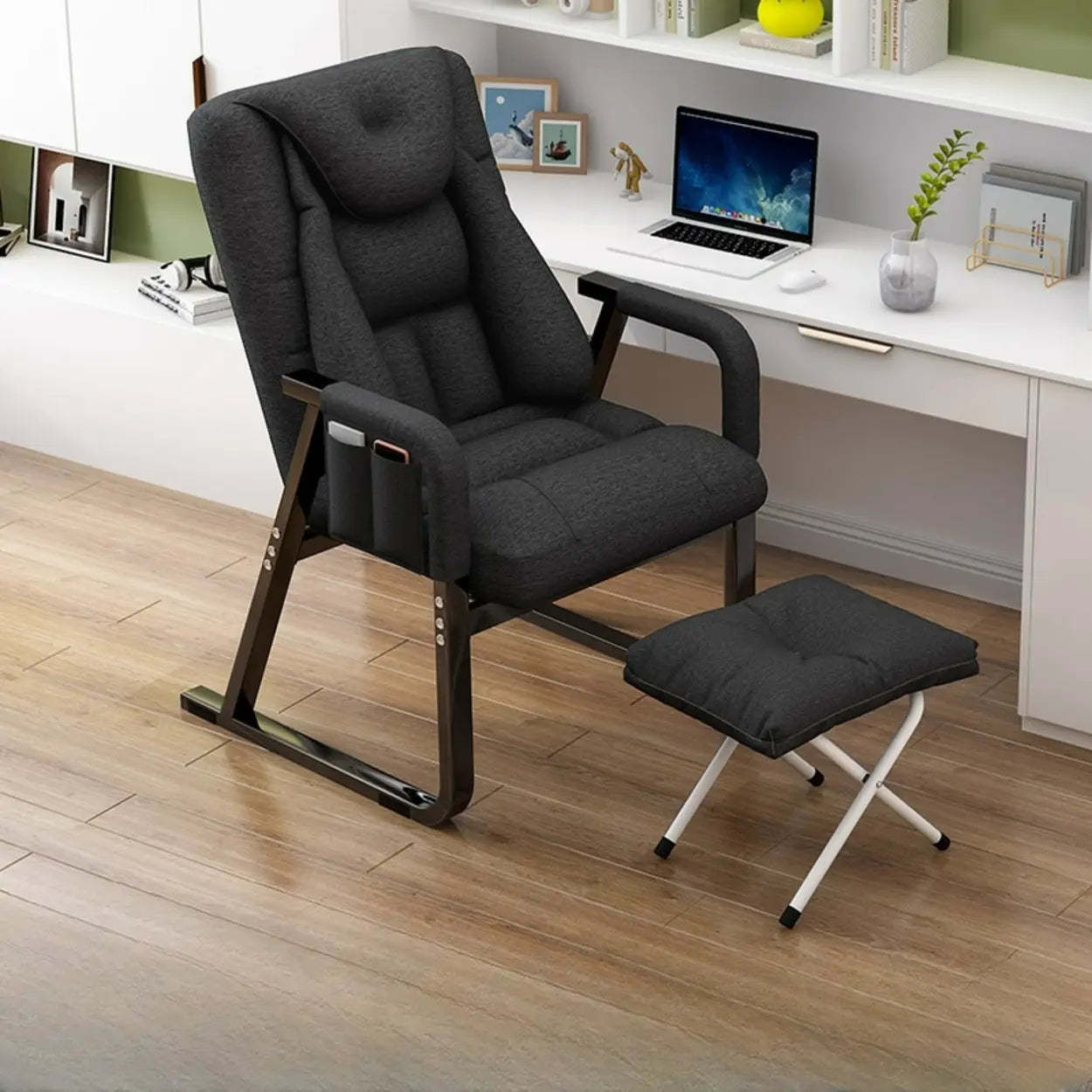 Modern reclining metal-frame gray office chairs — With Footrest / Black