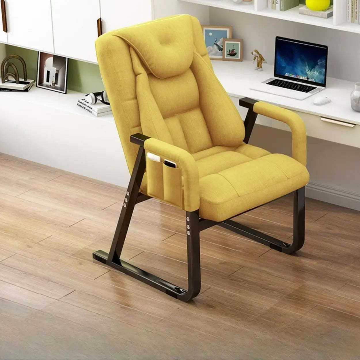 Gray Metal-Frame Modern Reclining Fabric Office Chair — Gloss Black / With Footrest