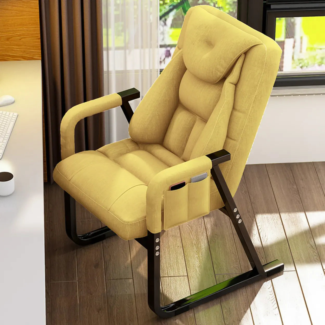 Gray Metal-Frame Modern Reclining Fabric Office Chair — Houndstooth pattern / With Footrest