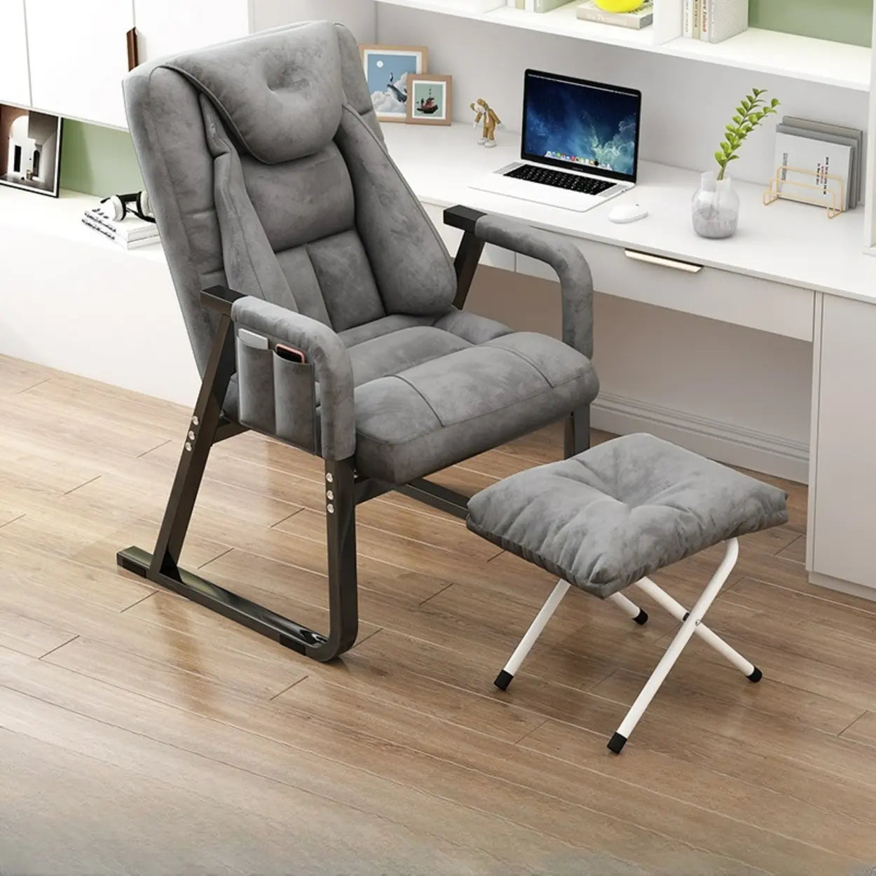 Gray Metal-Frame Modern Reclining Fabric Office Chair — Houndstooth pattern / Without Footrest