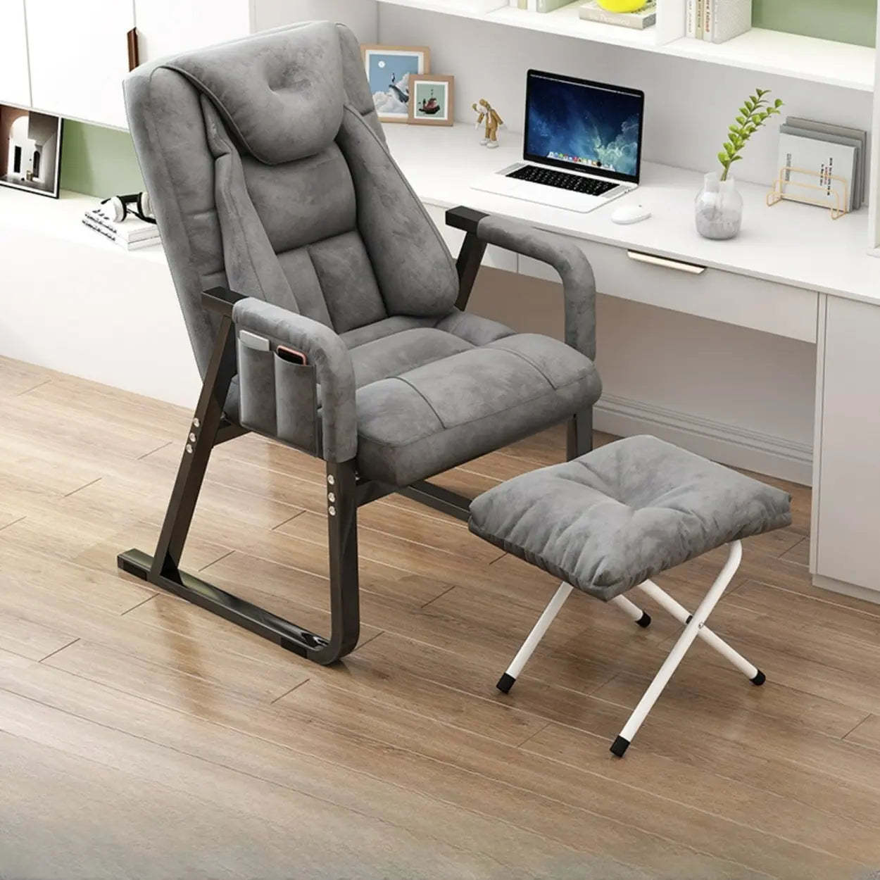 Gray Metal-Frame Modern Reclining Fabric Office Chair — Houndstooth pattern / Without Footrest