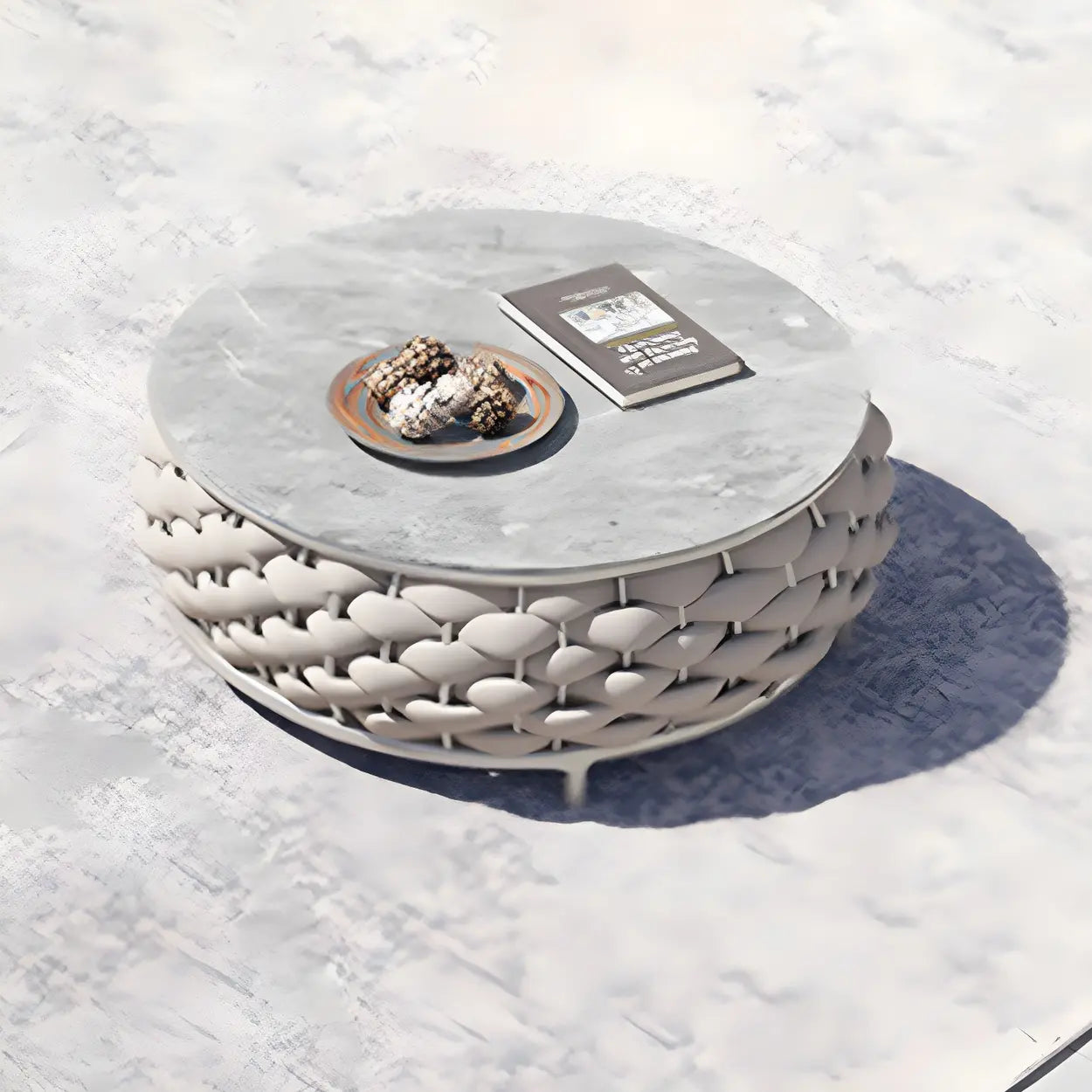 Gray Metal Frame Round Outdoor Stone Coffee Table — Table Only