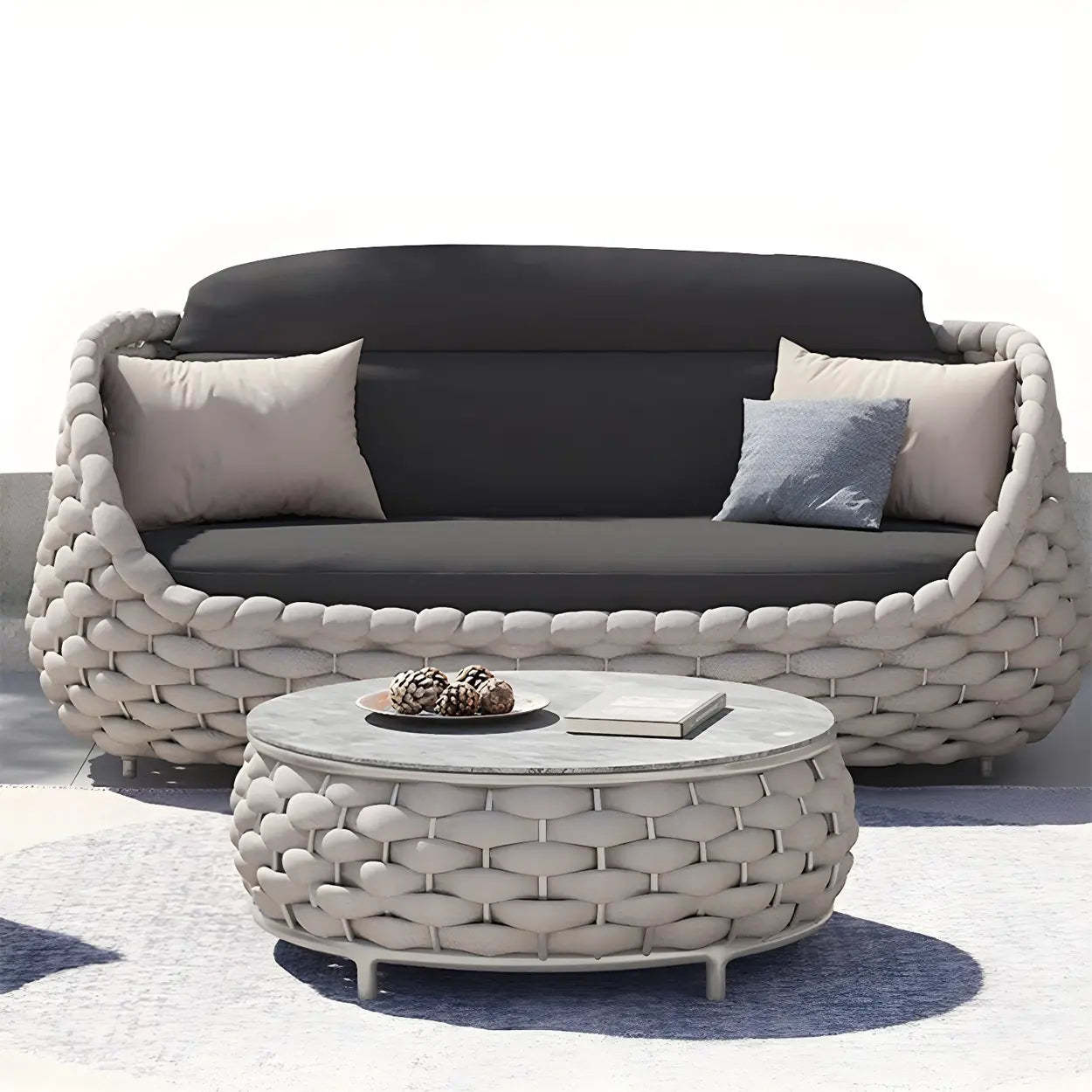 Gray Metal Frame Round Outdoor Stone Coffee Table