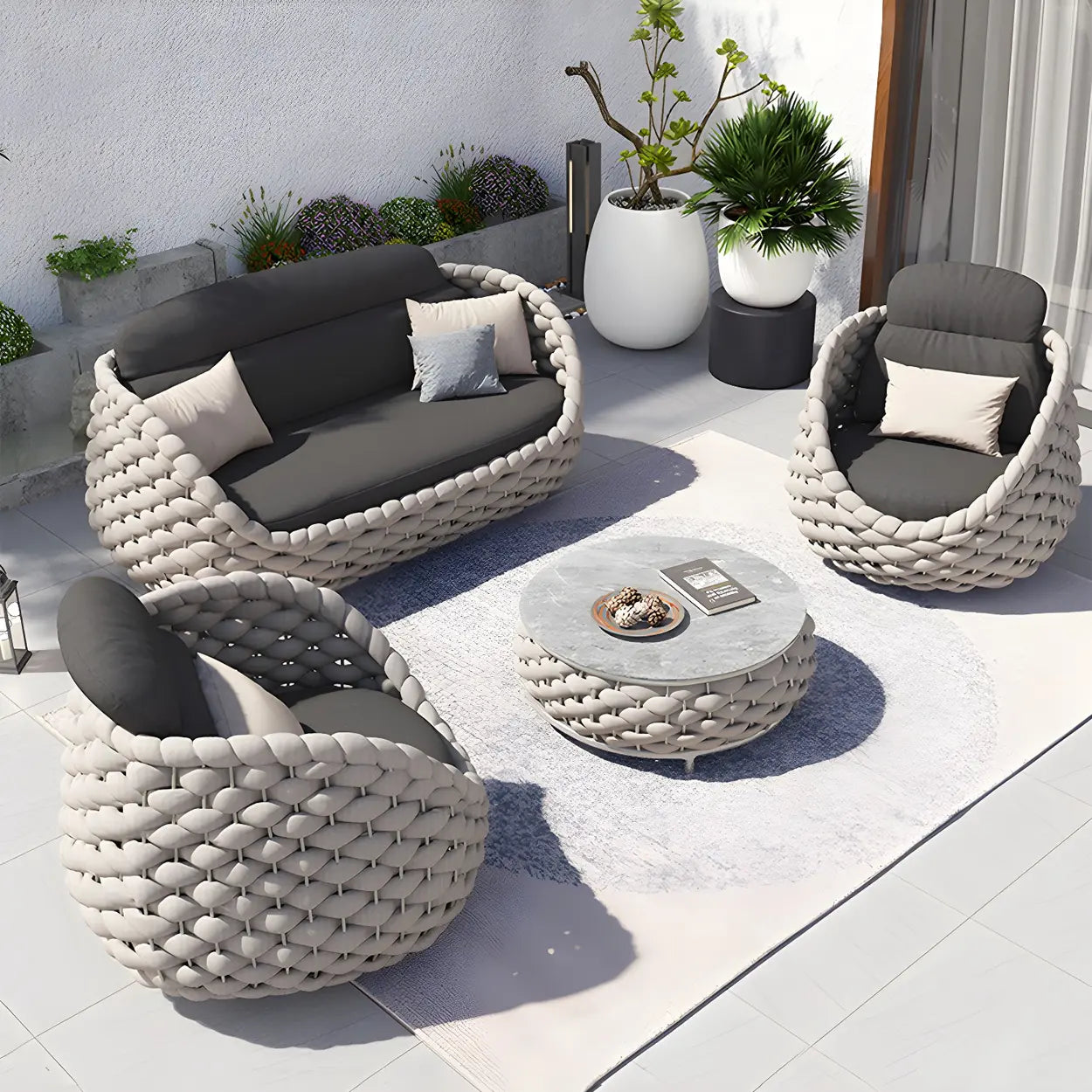Gray Metal Frame Round Outdoor Stone Coffee Table
