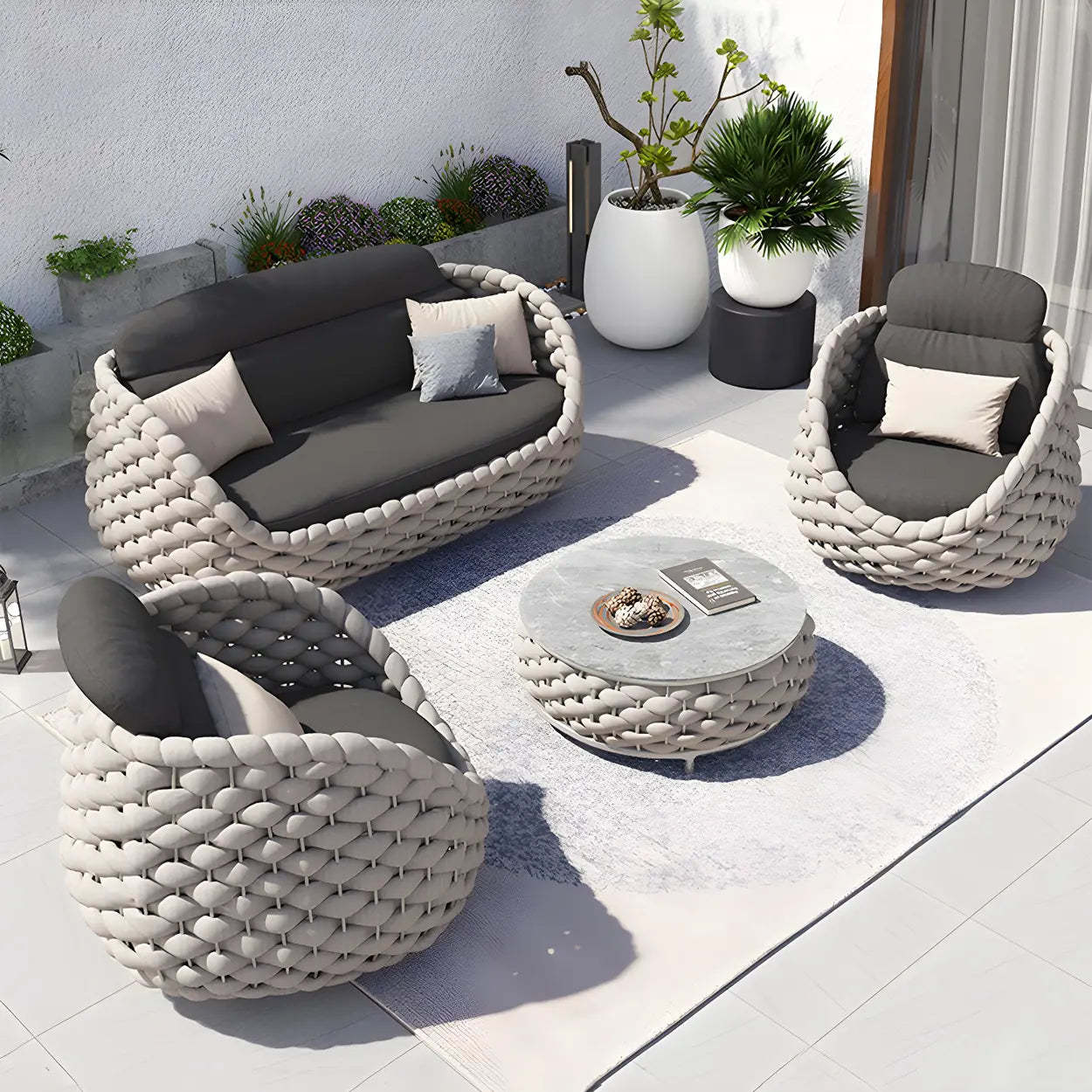 Gray Metal Frame Round Outdoor Stone Coffee Table