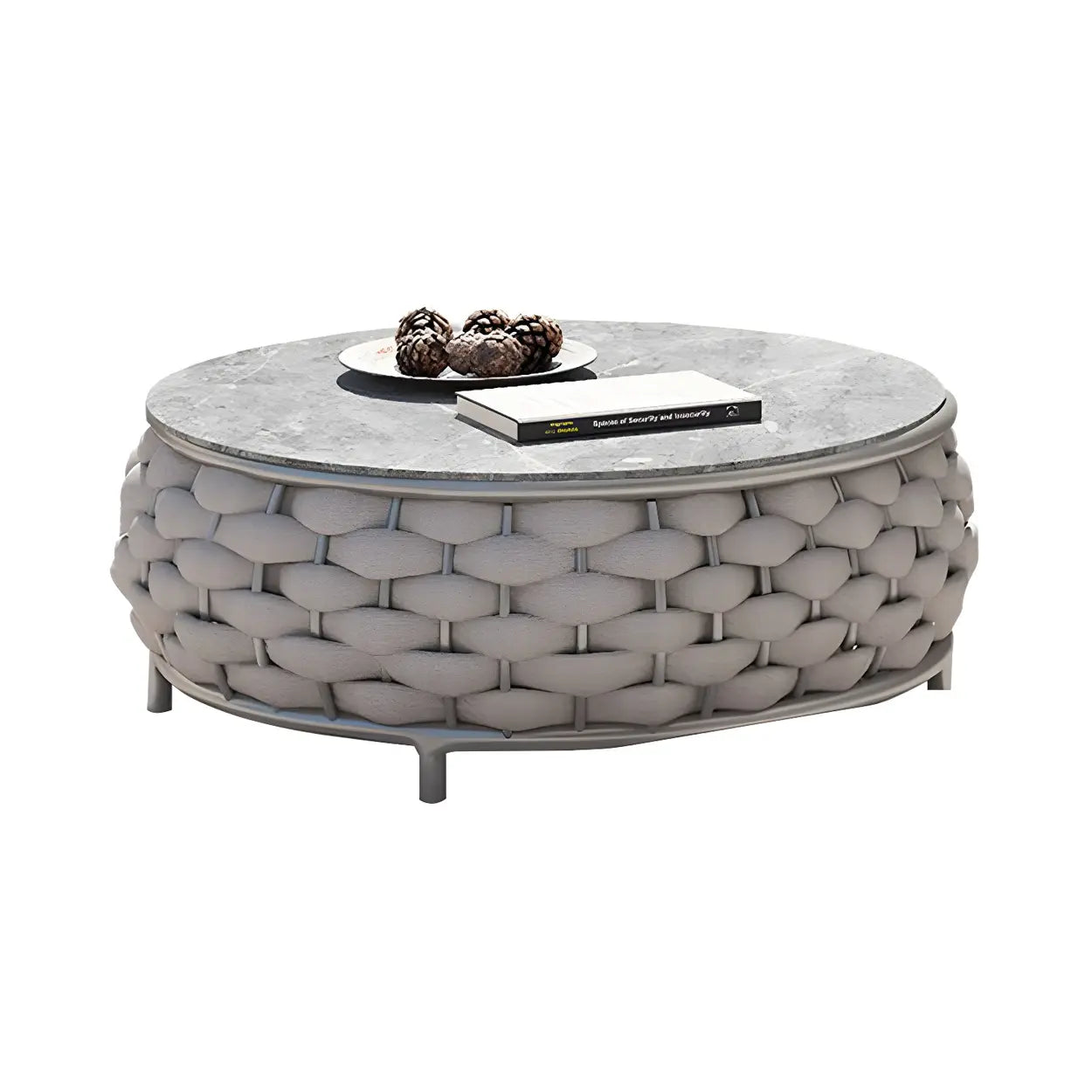 Gray Metal Frame Round Outdoor Stone Coffee Table