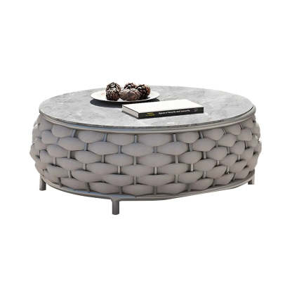 Gray Metal Frame Round Outdoor Stone Coffee Table