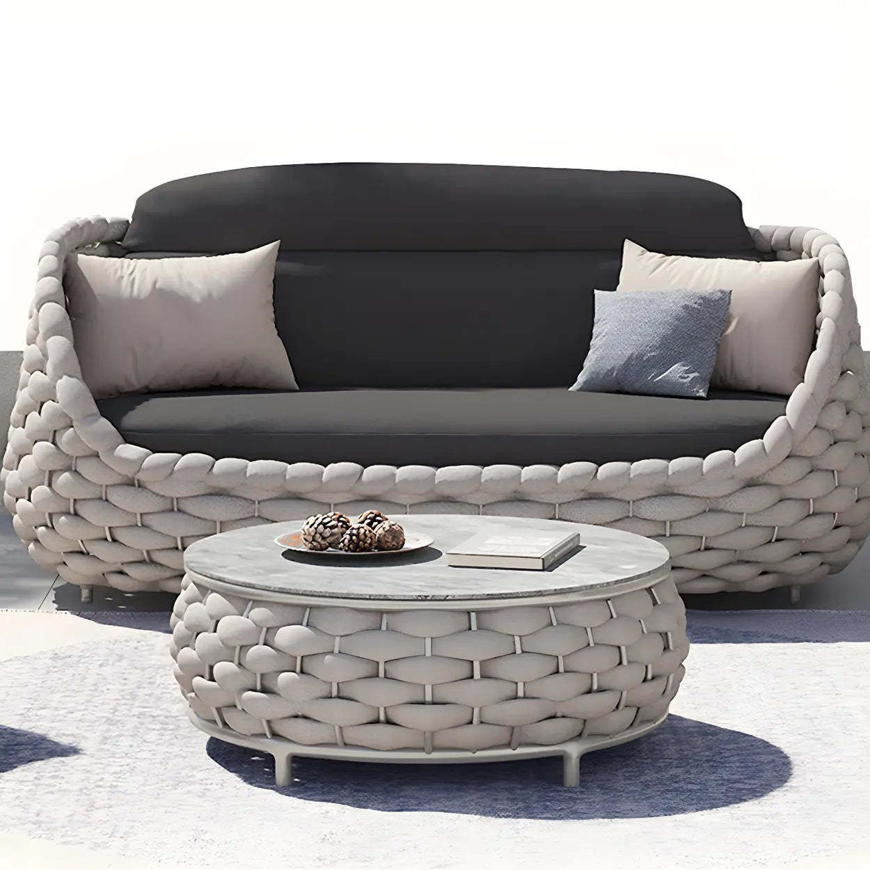 Gray Metal Frame Round Outdoor Stone Coffee Table
