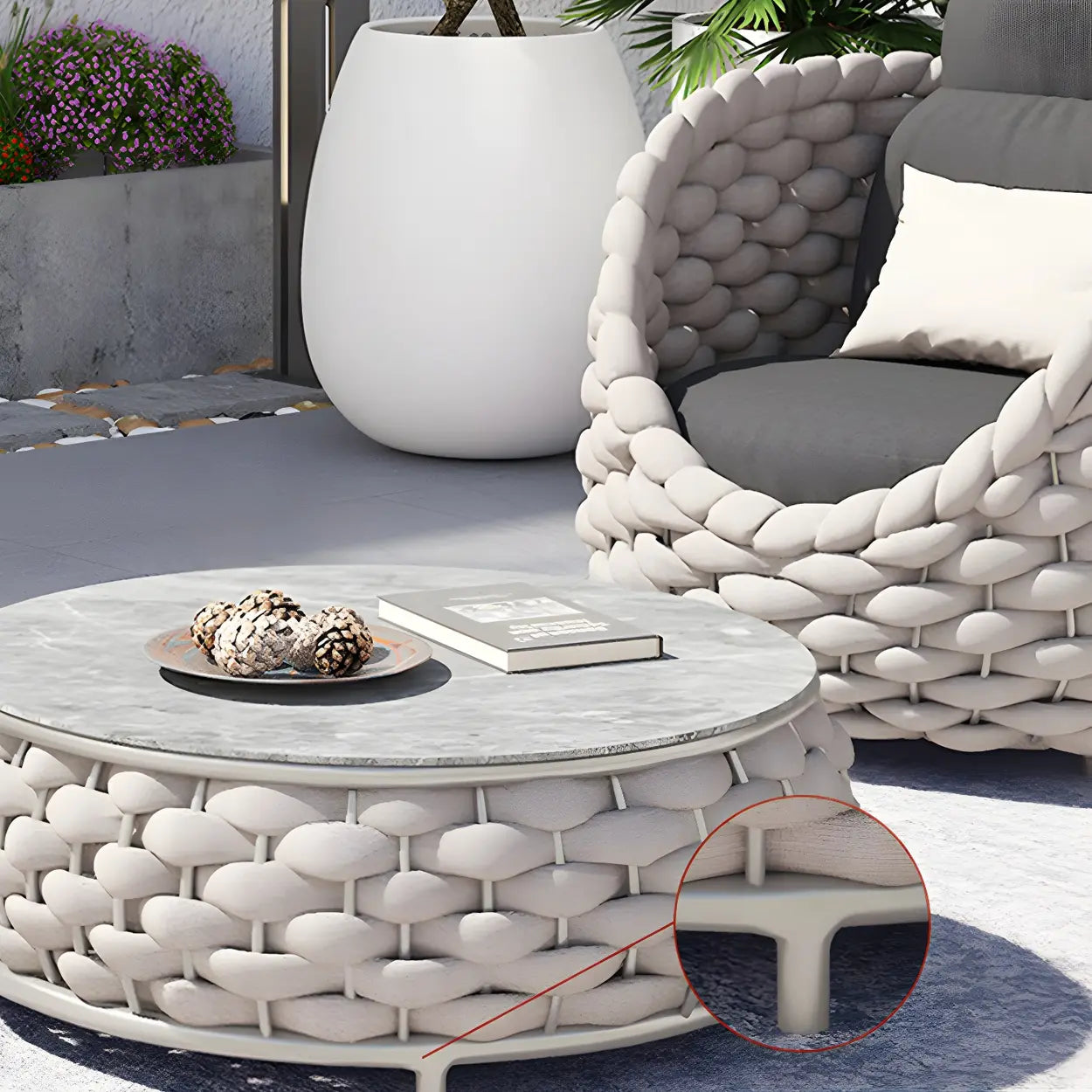 Gray Metal Frame Round Outdoor Stone Coffee Table