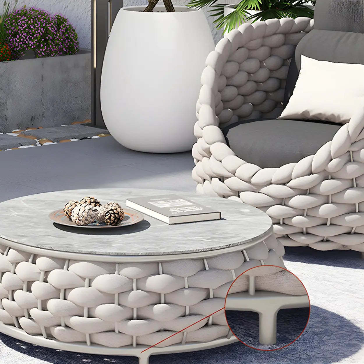 Gray Metal Frame Round Outdoor Stone Coffee Table