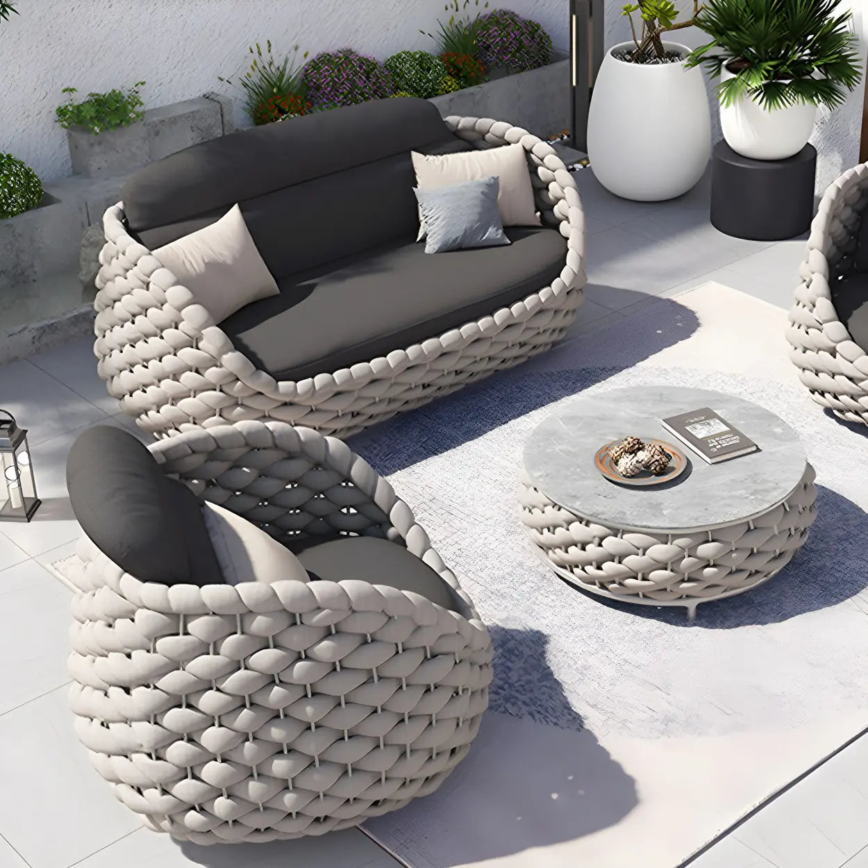 Gray Metal Frame Round Outdoor Stone Coffee Table