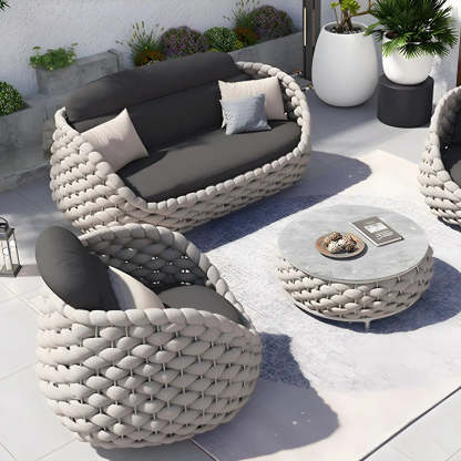 Gray Metal Frame Round Outdoor Stone Coffee Table