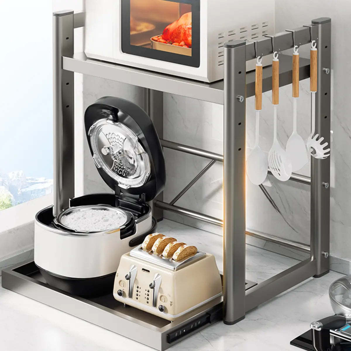 Gray Metal Standard Baker's Rack with Microwave Shelf — White