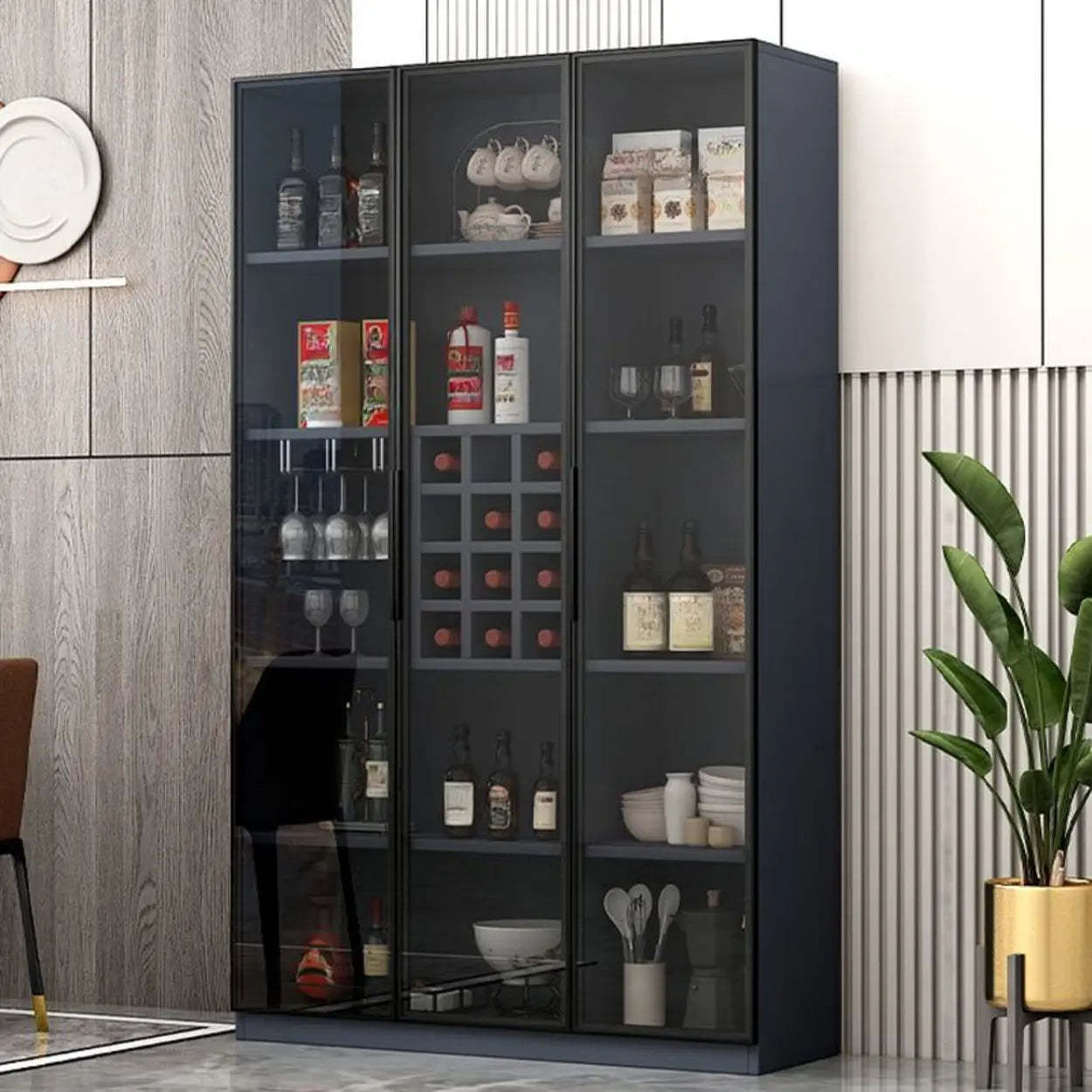 Gray Rectangular Slab Enclosed Wine Cabinet — Wine Grid Not Included