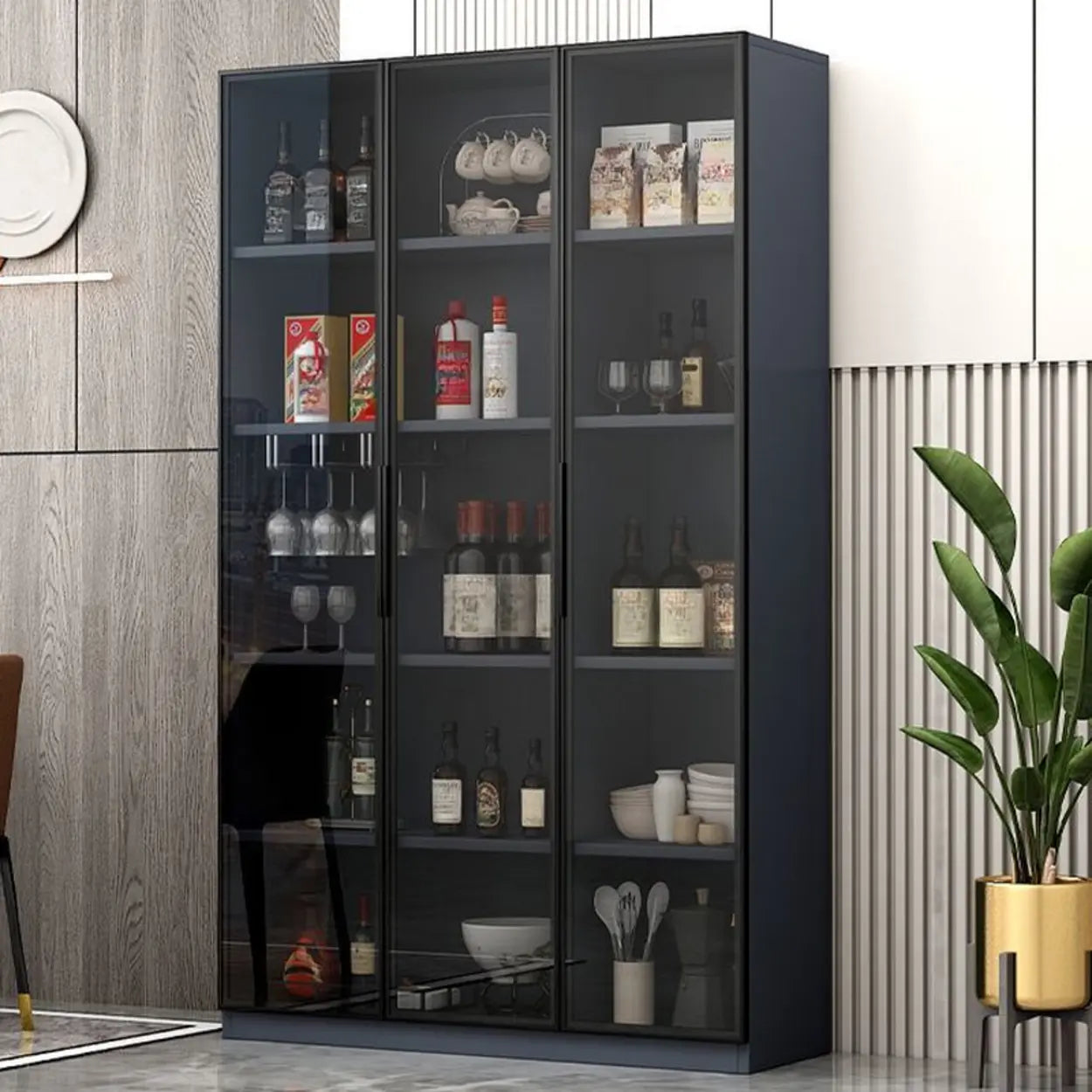 Gray Rectangular Slab Enclosed Wine Cabinet — Wine Grid Included