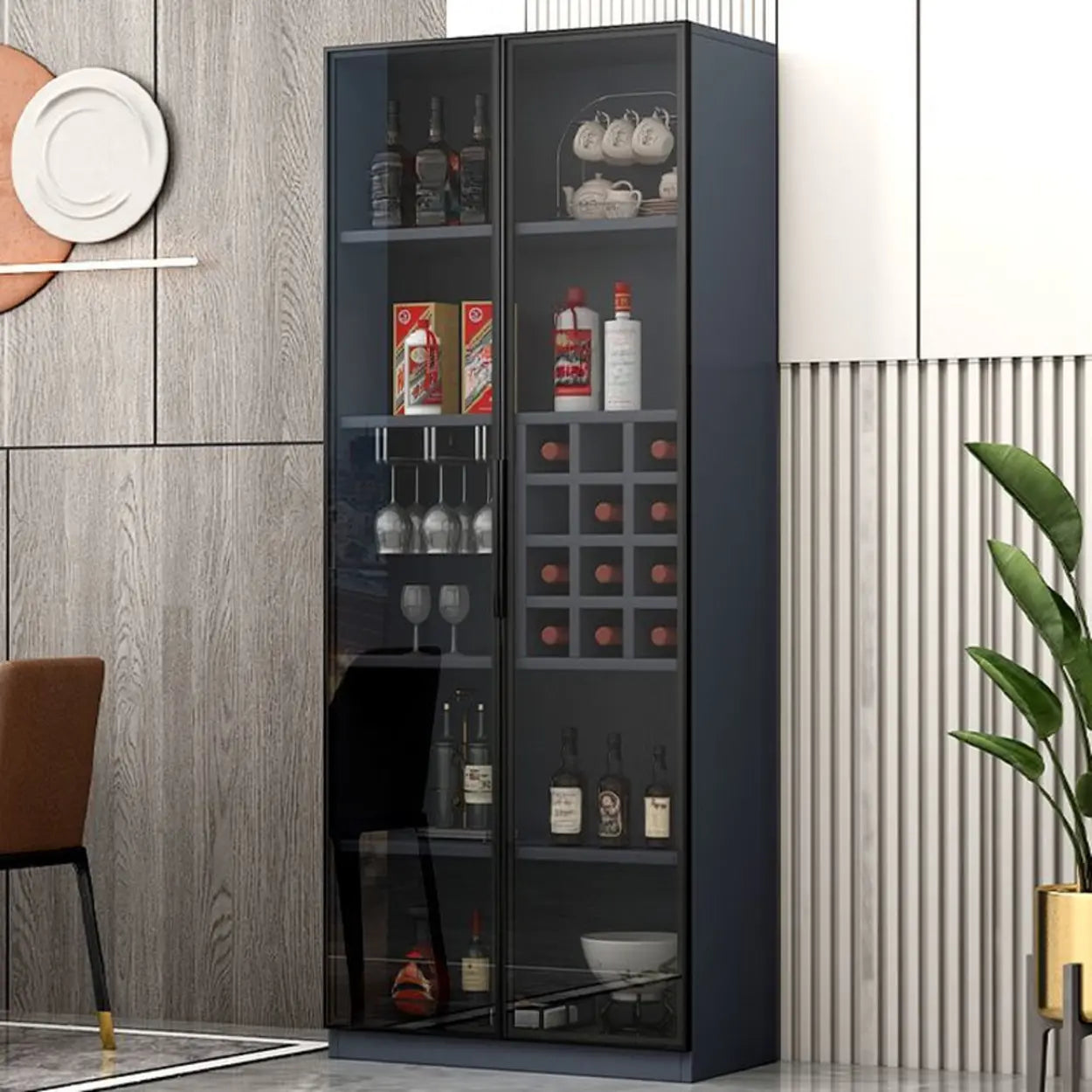 Gray Rectangular Slab Enclosed Wine Cabinet — Wine Grid Not Included