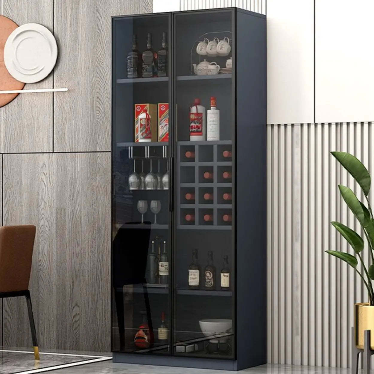 Gray Rectangular Slab Enclosed Wine Cabinet — Wine Grid Not Included
