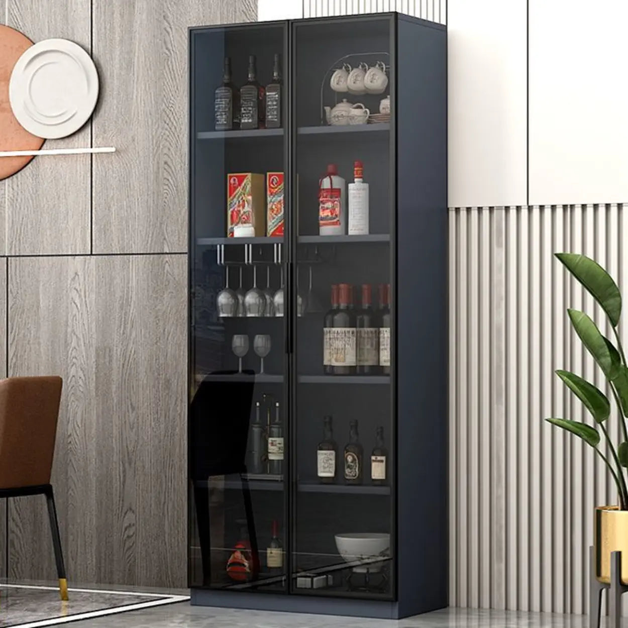 Gray Rectangular Slab Enclosed Wine Cabinet — Wine Grid Included