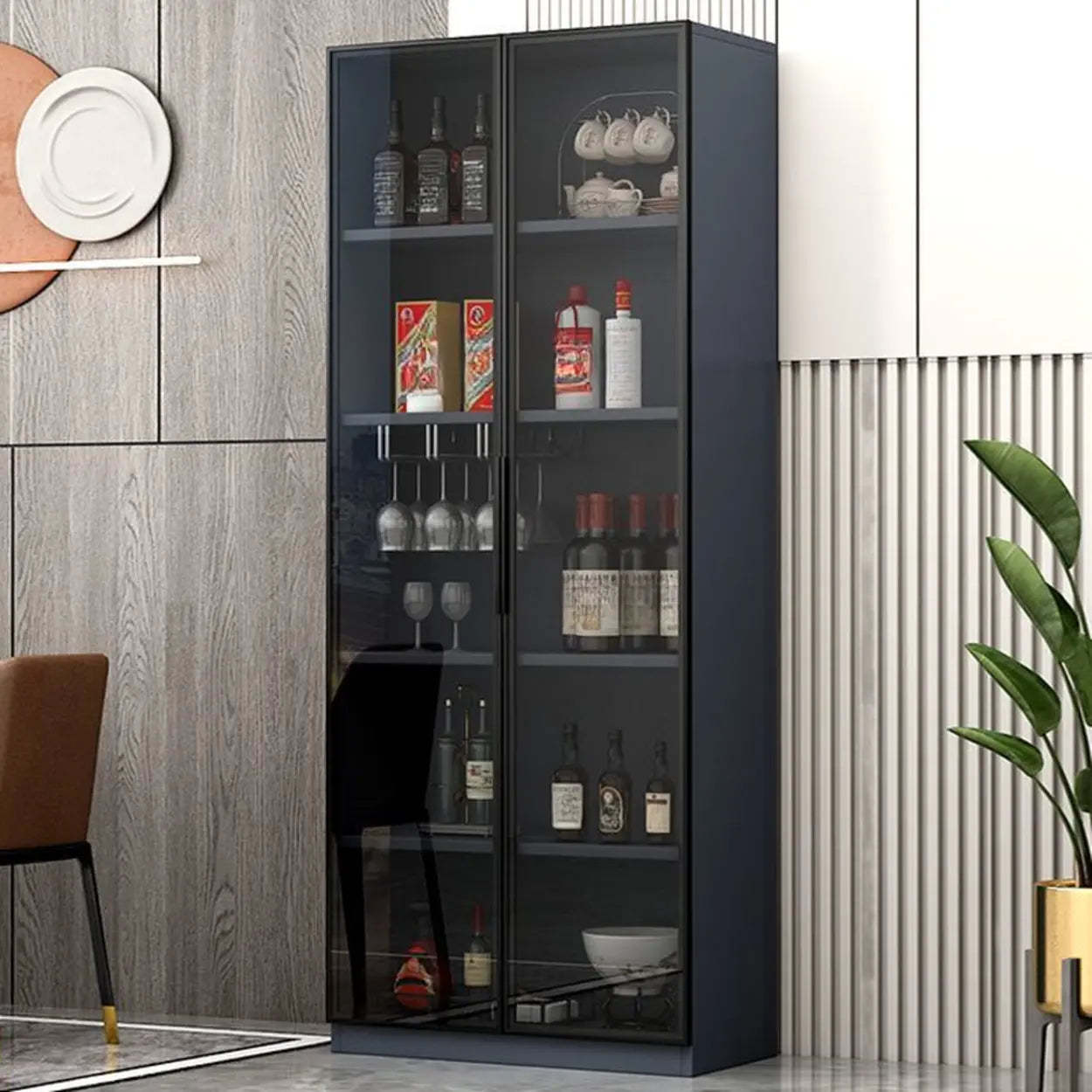 Gray Rectangular Slab Enclosed Wine Cabinet — Wine Grid Included